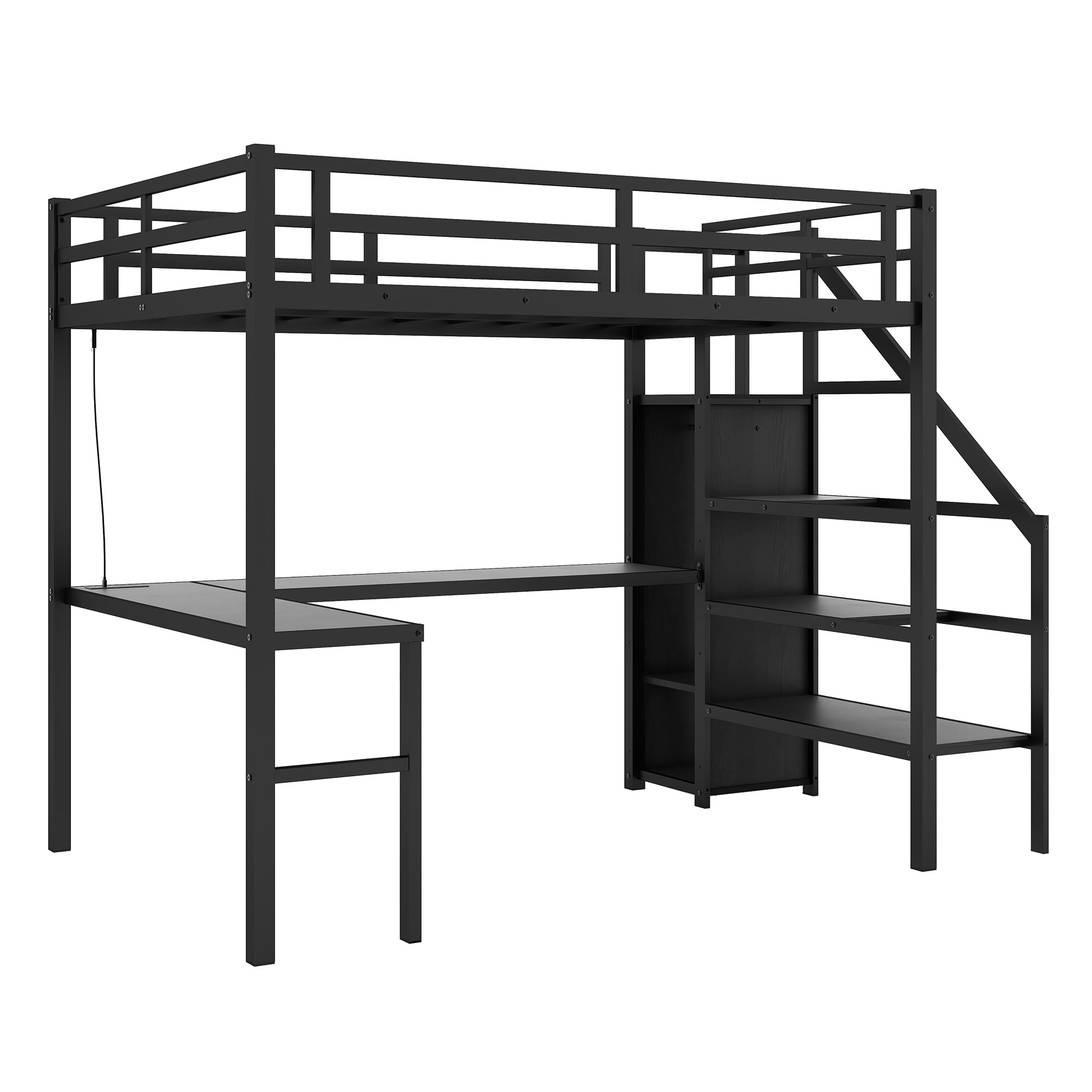 Full XL Size Loft Bed with L-Shaped Desk & Wardrobe - Metal Loft Bed Frame with Storage Stairs, Adjustable Shelf & Guardrails - 69