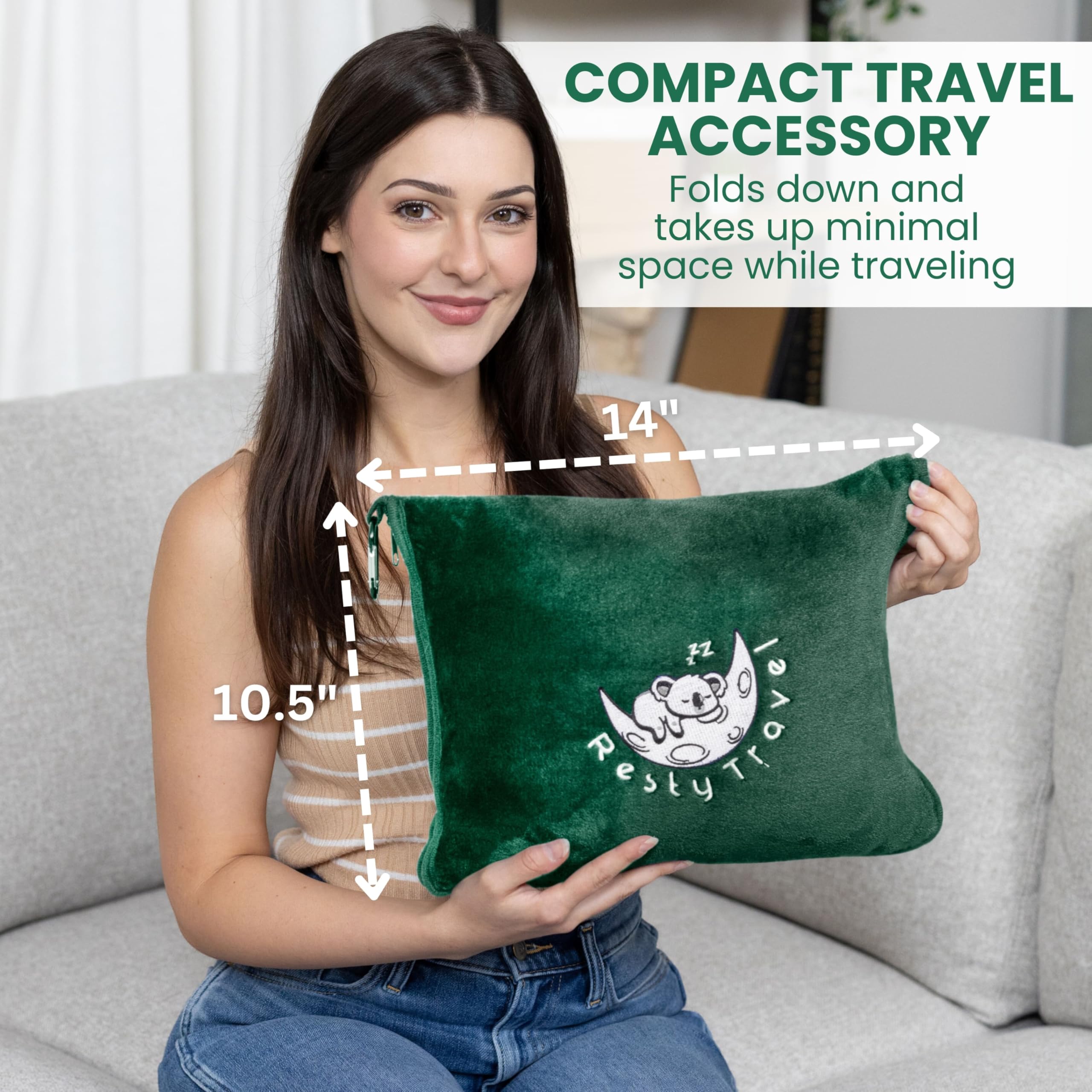 Resty Travel Blanket - Compact & Lightweight Airplane Blanket with Carry Bag | Portable Travel Pillow & Blanket Set with Carabiner Clip | Perfect for Plane, Train, Car & Camping Trips (Forest Green)