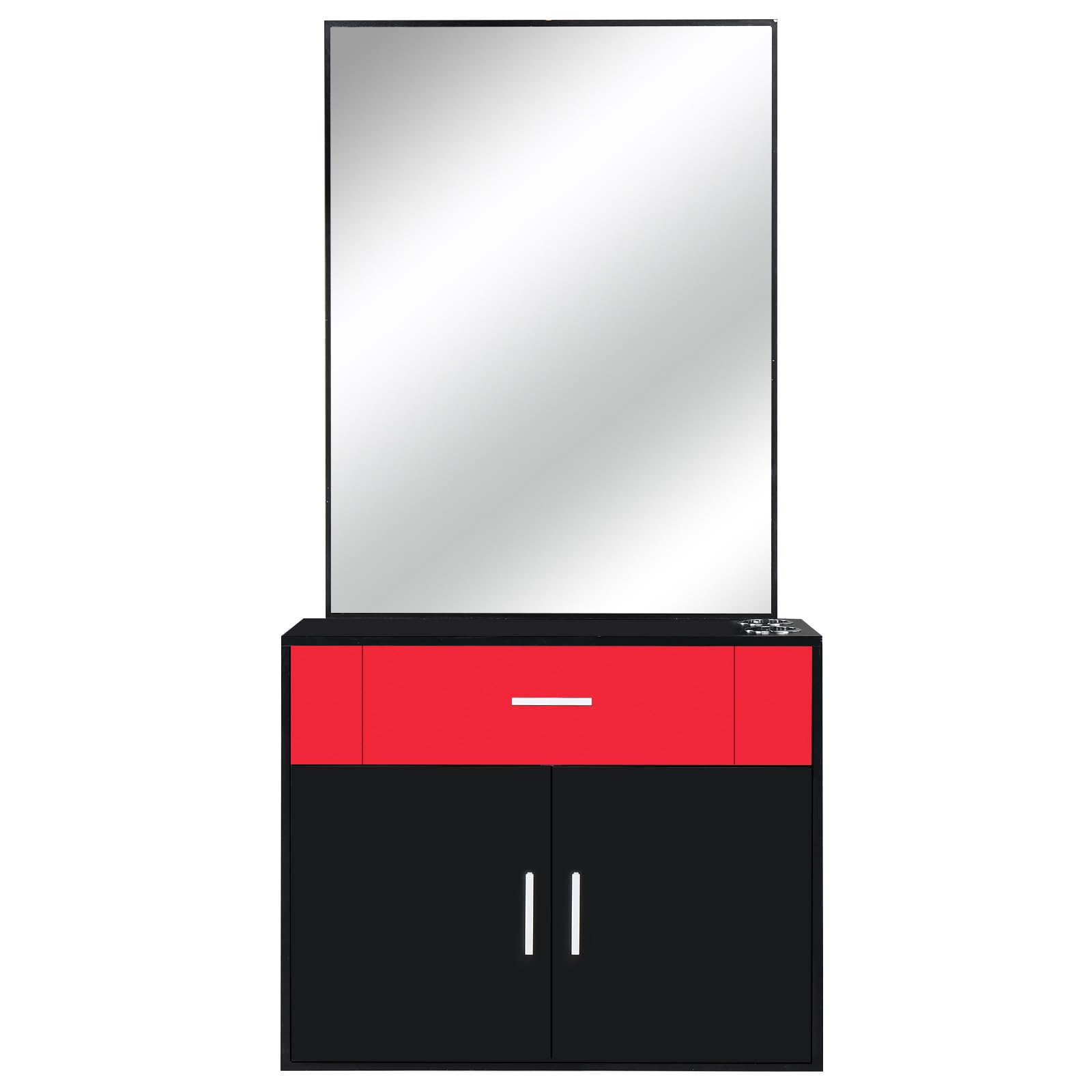 Professional Wall Mount Barber Salon Station - Hair Styling Equipment Set with Mirror, 2 Hair Dryer Holders, Drawer & Door - Beauty Spa Furniture for Barbershops & Salons (Red) - Perfect for Small Spaces & Home Use