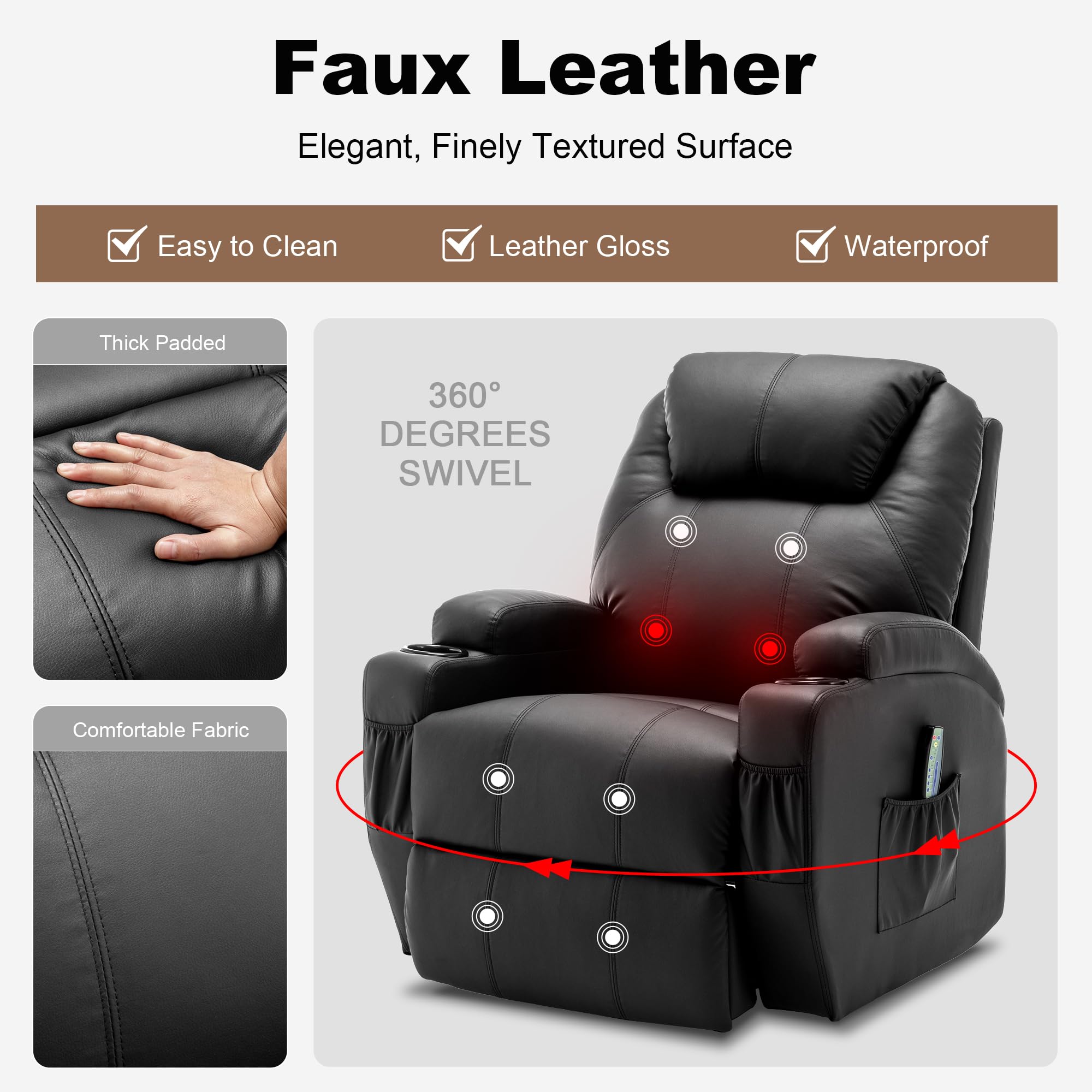 Electric Recliner Chair with Massage & Heat - 360° Swivel Rocking Recliner for Adults, Manual Adjustable with Remote Control & Cup Holder - Perfect for Living Room, Bedroom & Home Theater Relaxation