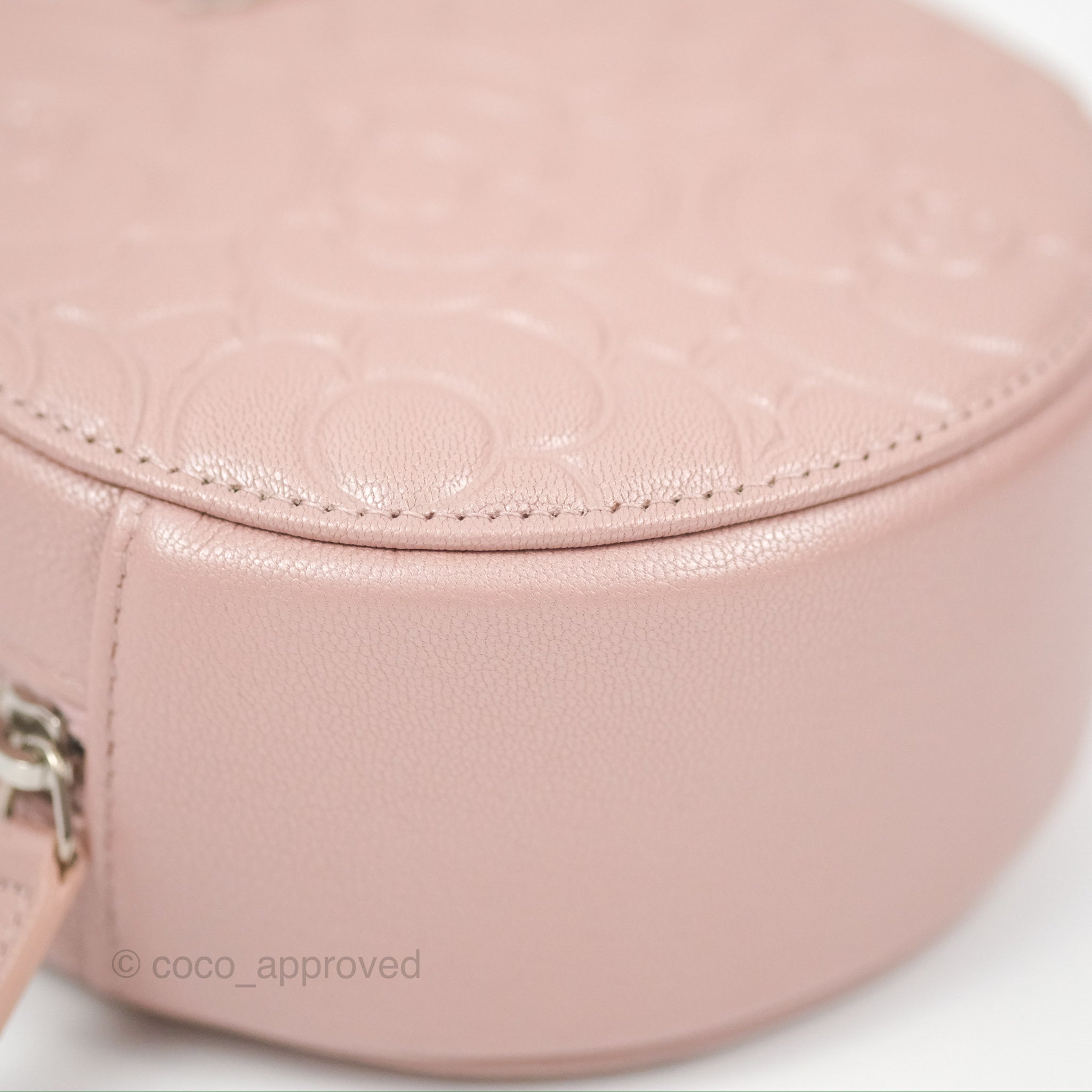 Chanel Camellia Embossed Round Clutch Bag with Chain - Iridescent Light Pink Goatskin Leather & Silver Hardware | Evening Party, Wedding, Special Occasion Accessory