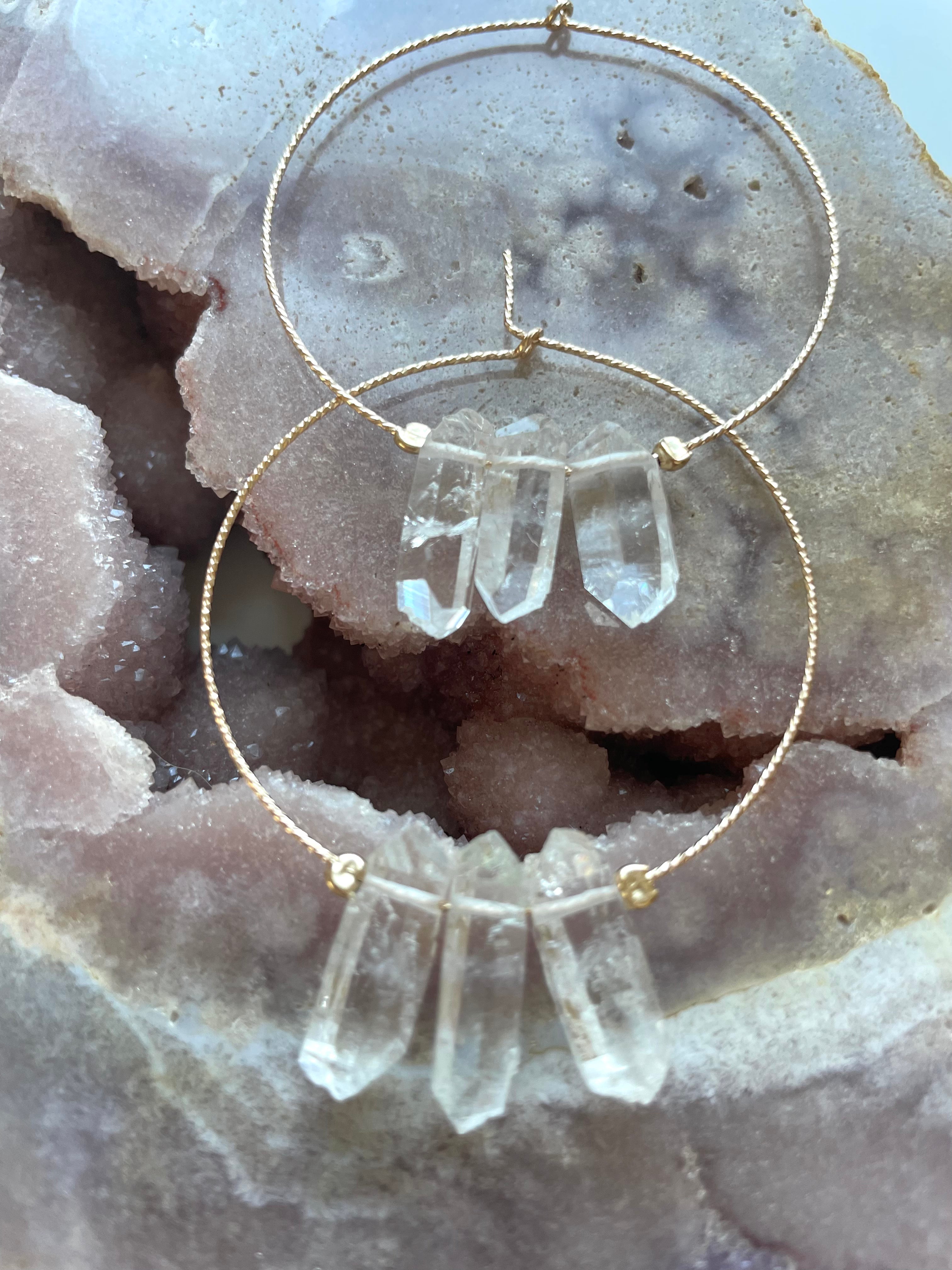 Stylish Thin Clear Quartz Boho Hoop Earrings - Minimalist Crystal Jewelry for Women - Perfect for Boho Chic, Festival, and Everyday Wear