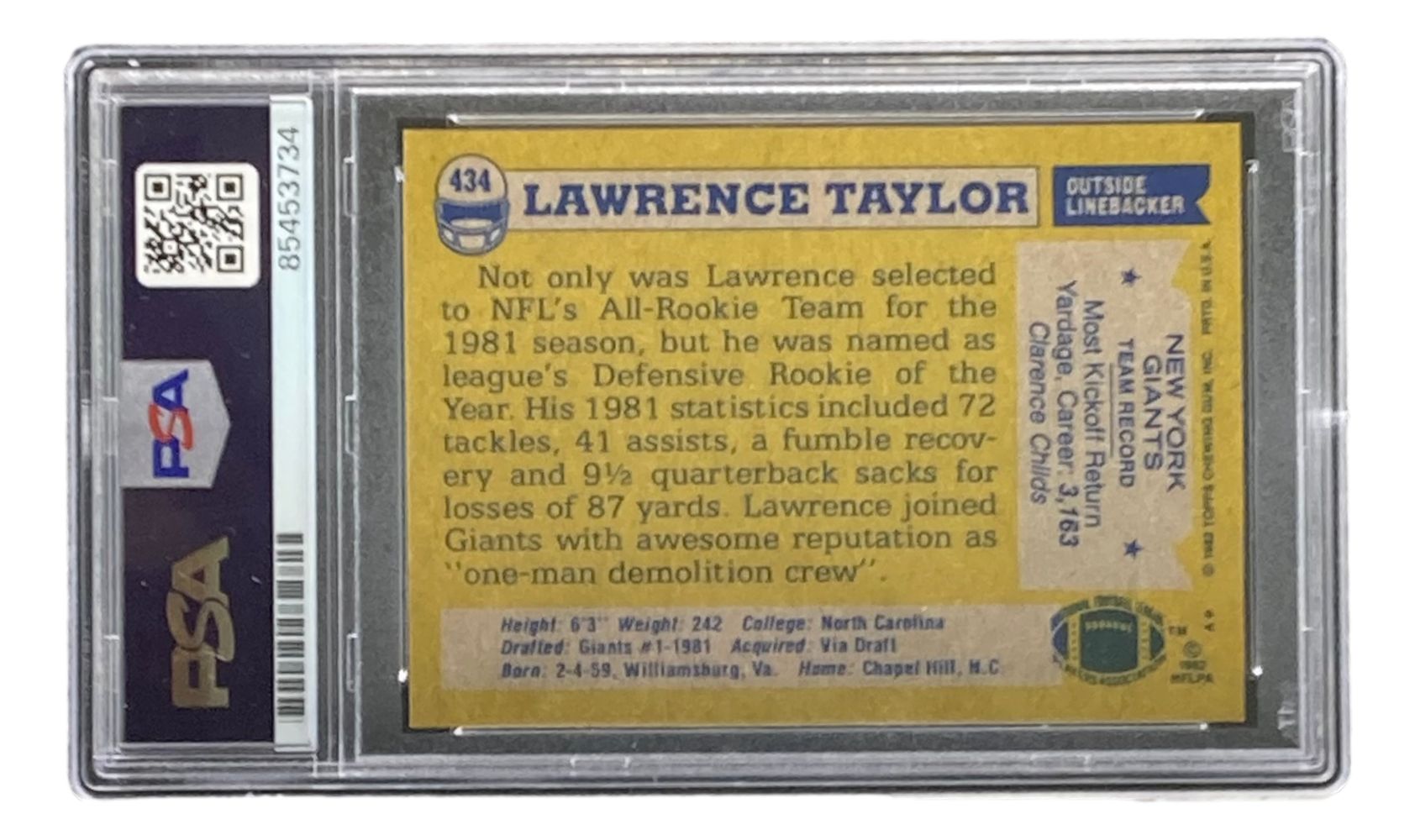 Lawrence Taylor Signed 1982 Topps #434 New York Giants Rookie Card PSA Auto Gem Mint 10 - Perfect for NFL Memorabilia Collectors and Football Fans Display