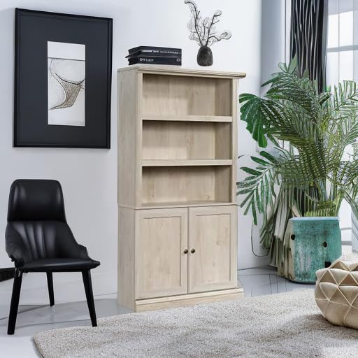 Sauder 5-Shelf Storage Bookcase with Doors & Adjustable Shelves - Chalked Chestnut Finish | Perfect for Home Office, Living Room & Bedroom Organization