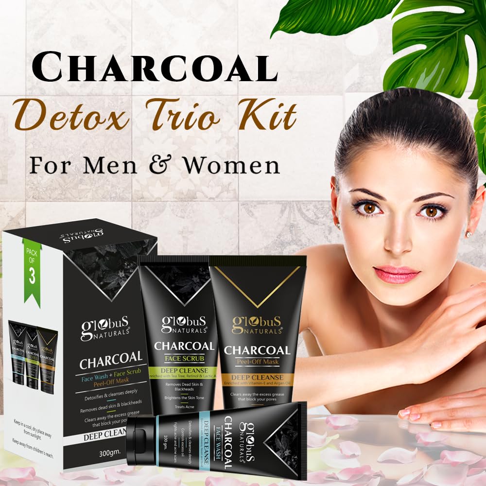 Globus Naturals Activated Charcoal Face Care Trio Kit - Anti Acne, Pollution & Tan Treatment with Face Wash, Scrub & Mask (100g Each) for Deep Cleansing & Detox - Perfect for Oily & Acne-Prone Skin
