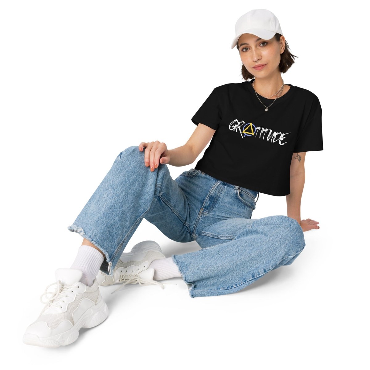 Gratitude Graffiti Crop Top – Recovery Triangle Edition | Trendy Women's Graphic Tee for Yoga, Gym & Casual Wear