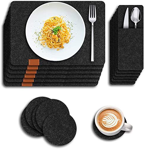 6-Pack Heat-Resistant Washable Felt Placemats for Kitchen Table with Drink Coasters & Cutlery Pouch - 18-Piece Dining Table Set - Perfect for Family Meals, Dinner Parties & Holiday Gatherings