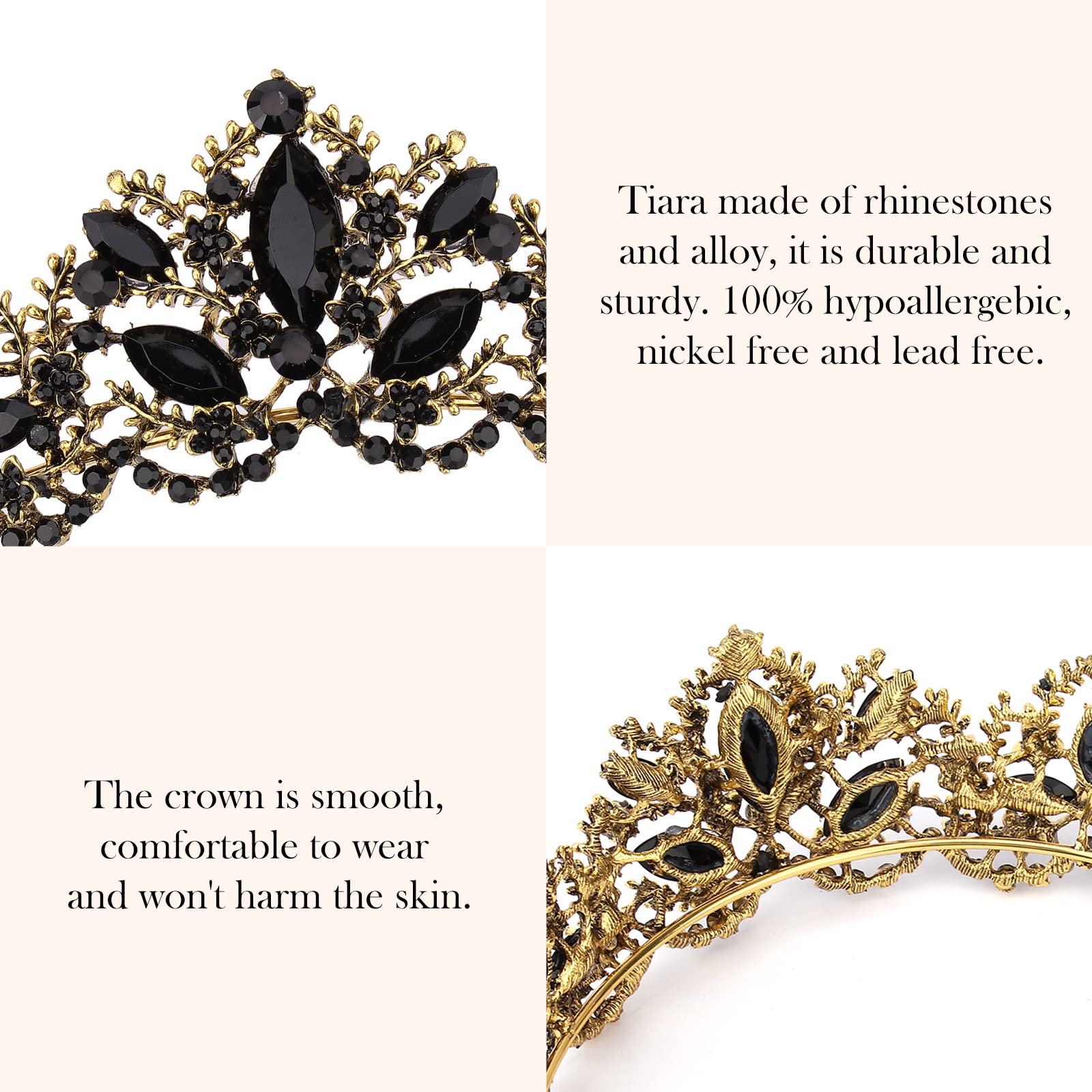 Elegant Black Tiara with Gold Crown for Women & Girls - Crystal Rhinestone Headband for Wedding, Birthday, Prom, Bridal Party | Perfect for Halloween Costume & Christmas Gift - Princess Party Accessory