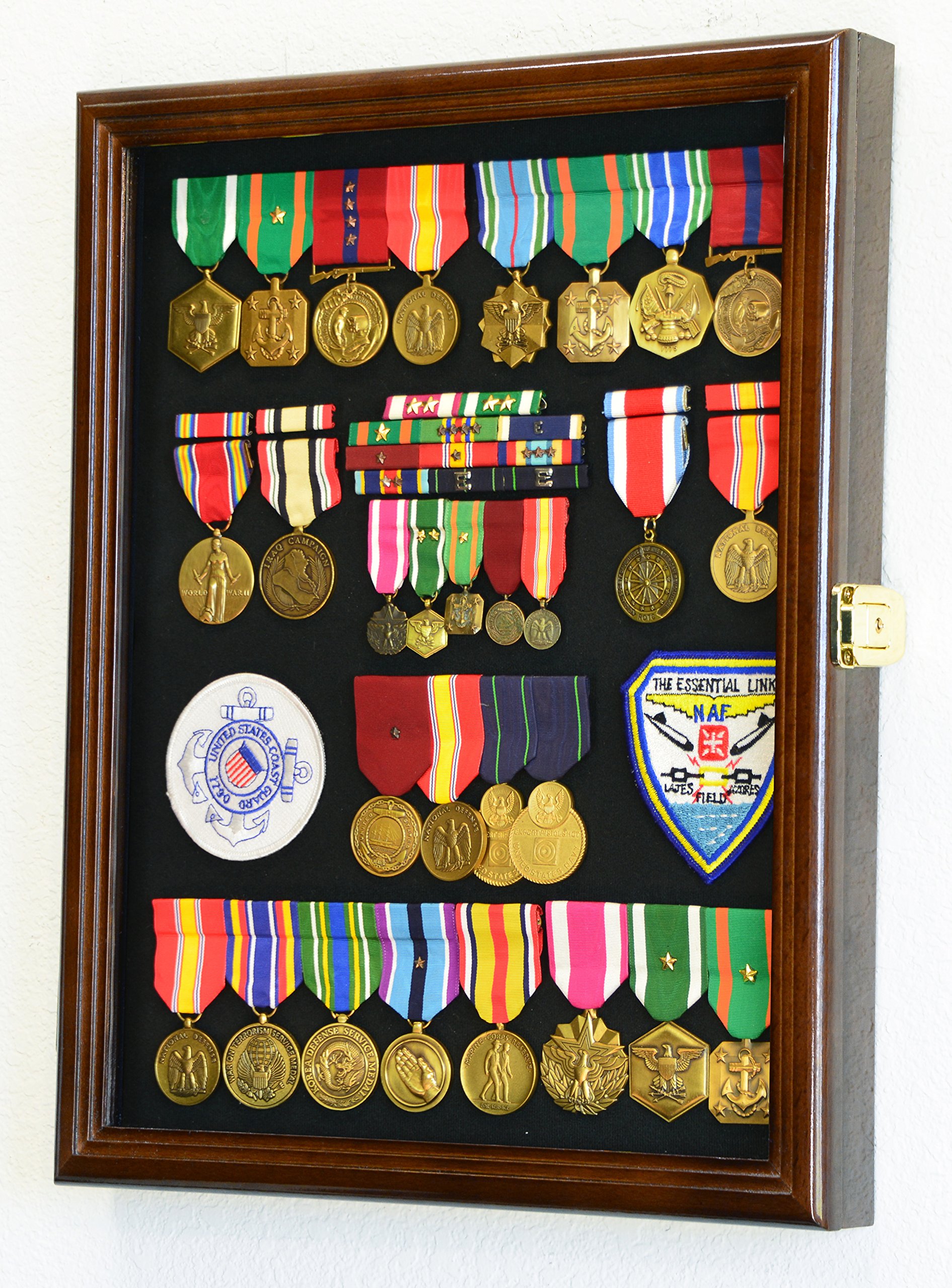 Military Medals, Pins, Badges & Insignia Display Case - Lockable Shadowbox Cabinet with Pinnable Background for Flags, Ribbons & Patches - Perfect for Home Decor, Veteran Gifts & Military Memorabilia Collection