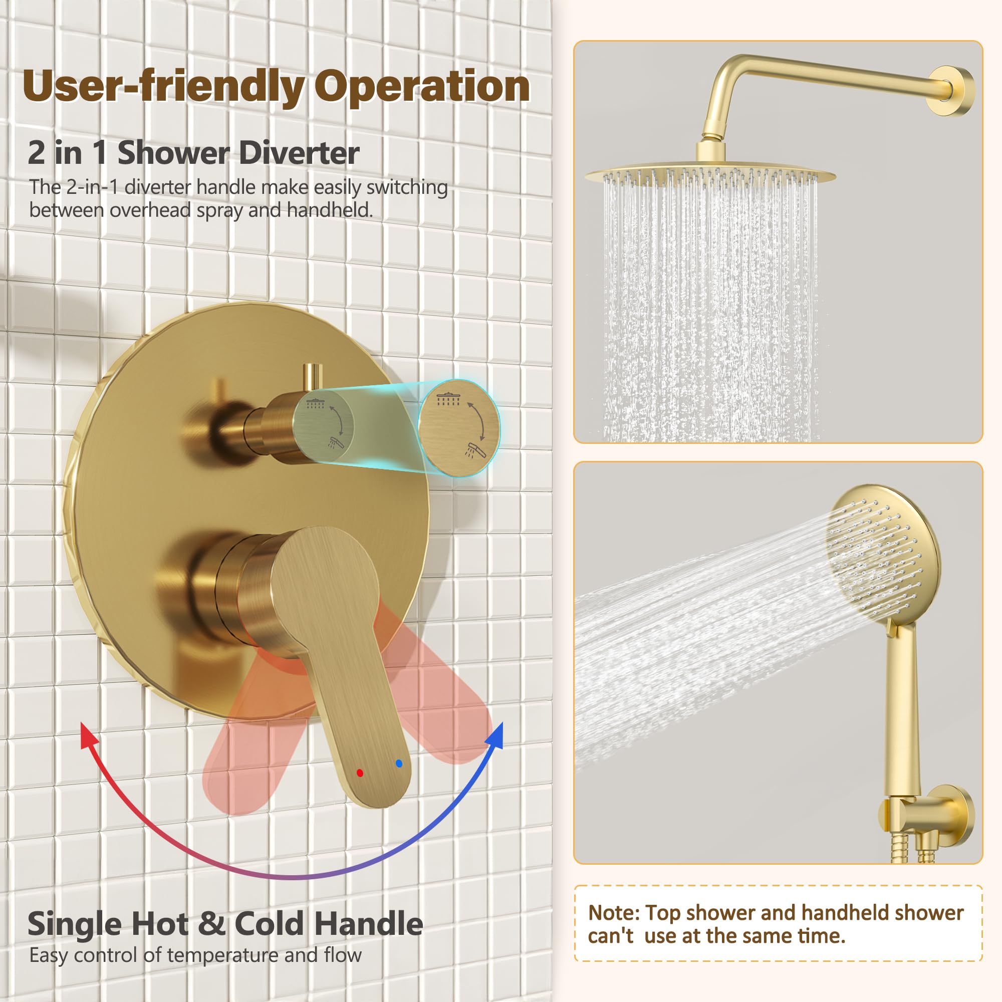 Premium Gold Shower System - 10 Inch Rainfall Shower Head with 5-Setting Handheld Sprayer | Pressure Balance Valve | Brushed Gold Finish | High Pressure Shower Fixtures for Luxurious Bathroom Upgrade
