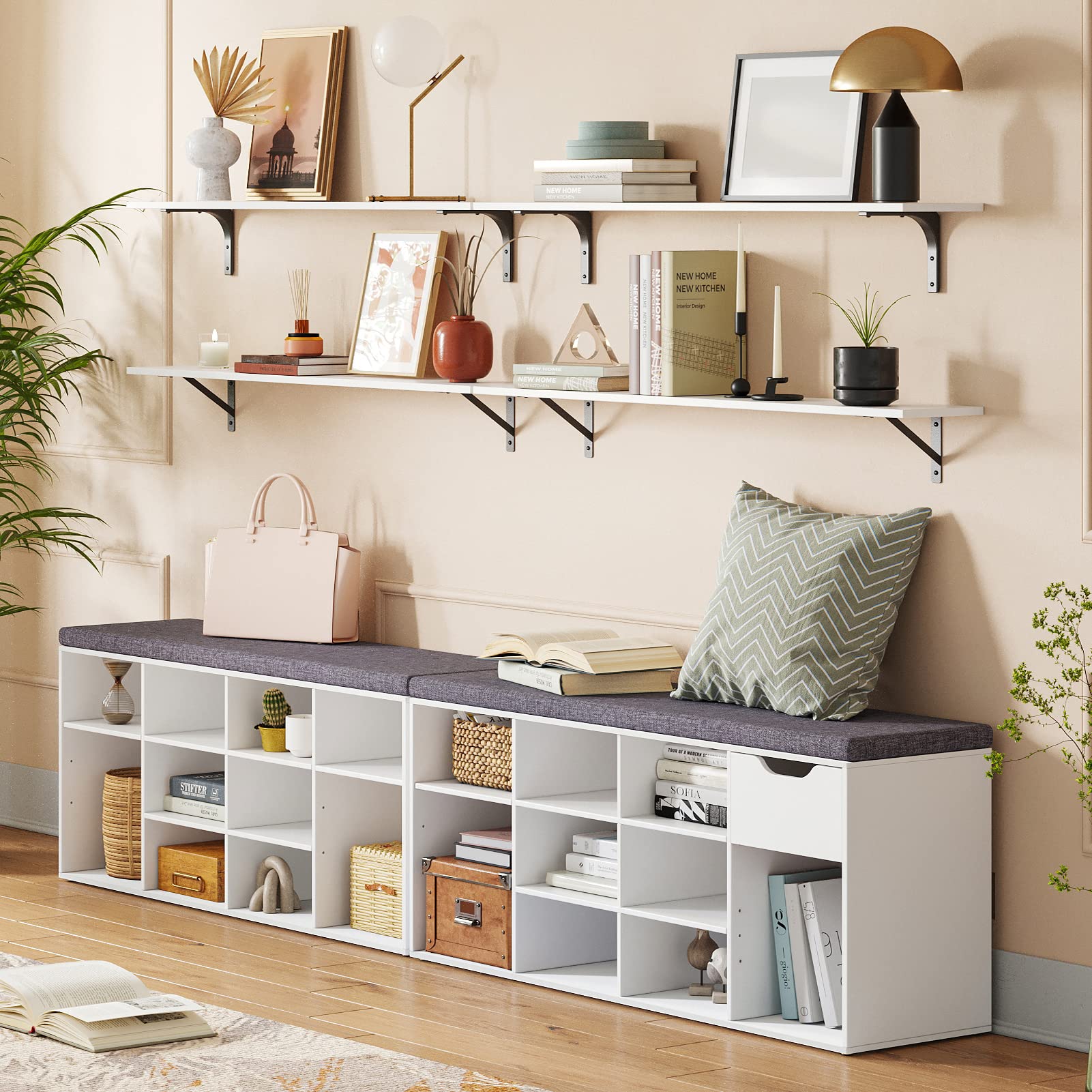 DINZI LVJ Shoe Bench with Drawer & 11 Cubbies - Adjustable Shelves Shoe Organizer Cabinet for Entryway, Living Room, Bedroom, Mudroom, Closet & Garage - White - Perfect for Small Space Organization & Shoe Storage Solutions