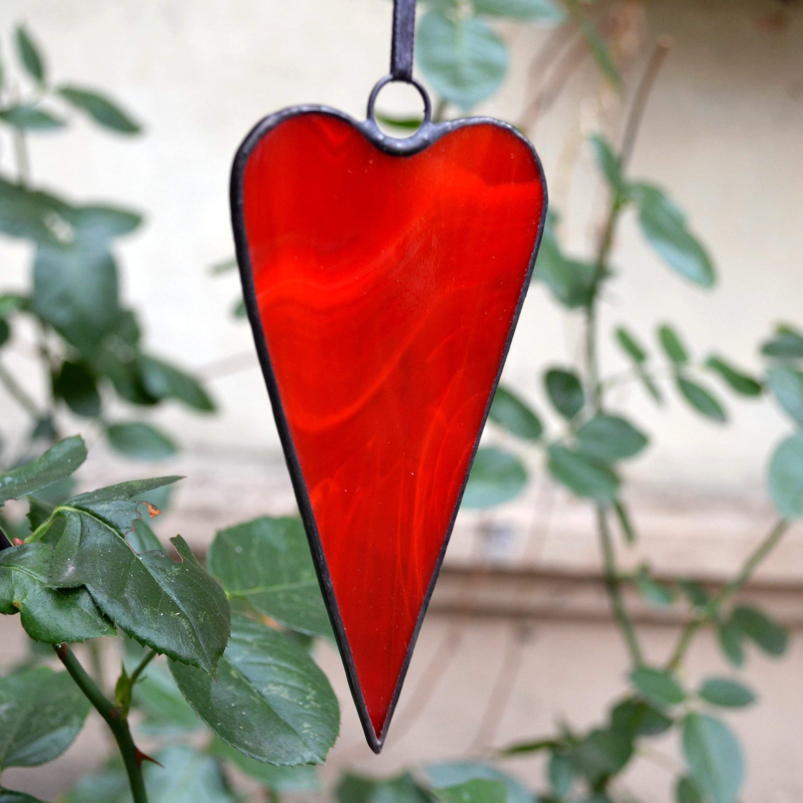 Boho Red Heart Ornament - Handmade Stained Glass Window Hanging & Wall Decor - Romantic Gift for Valentine's Day, Anniversary & Wedding - Perfect for Home, Bedroom & Garden Decorations