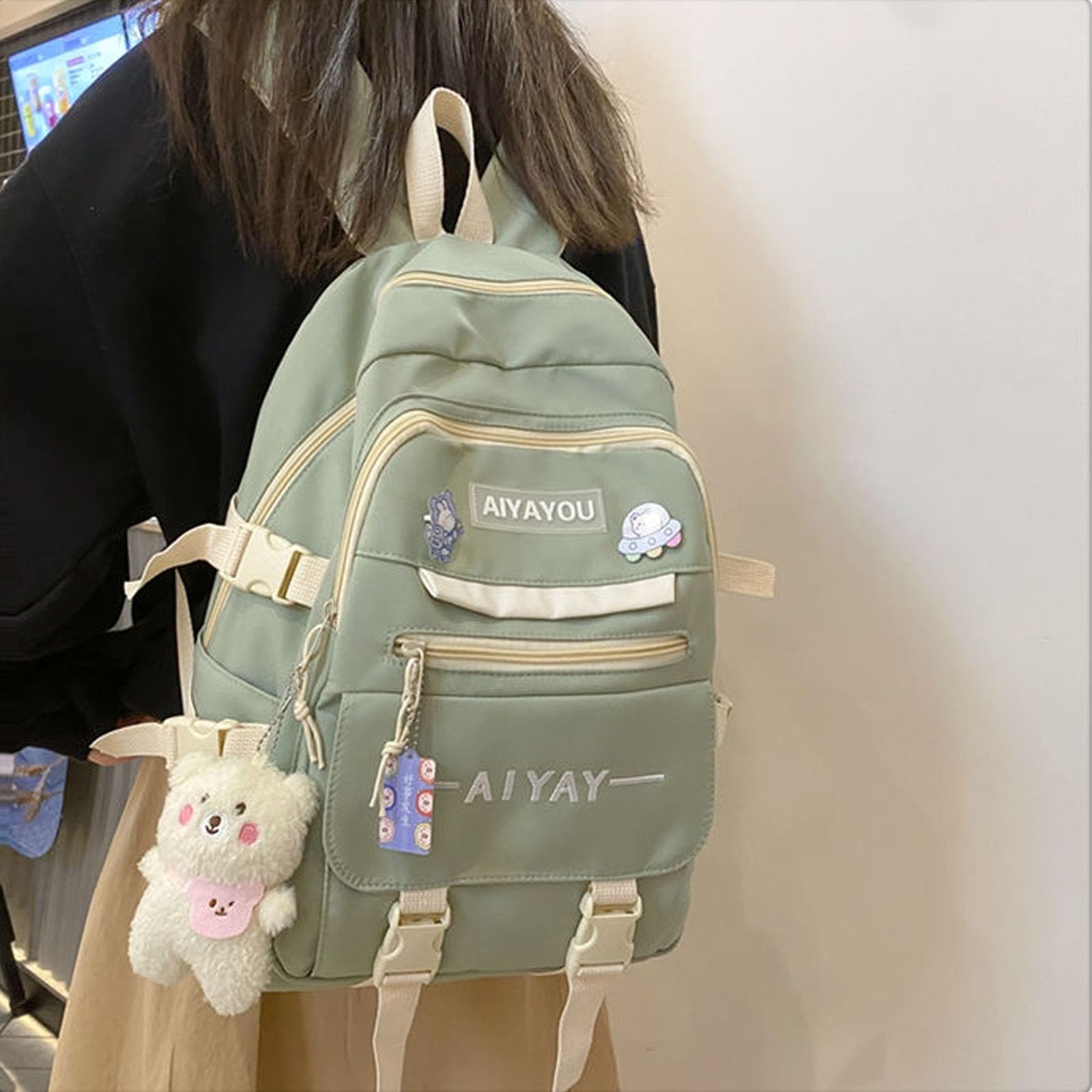 Cute Kawaii Backpack for School with Accessories - Green Aesthetic School Supply