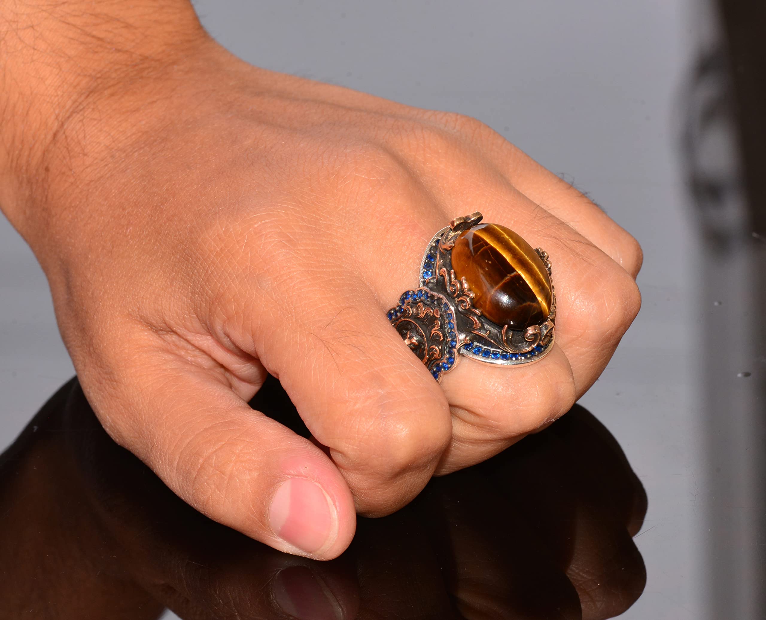 Handmade 925 Sterling Silver Men's Ring with Genuine Gemstone - Lion Design Gold Plated Birthstone Jewelry for Men - Perfect Gift for Birthday, Anniversary & Special Occasions