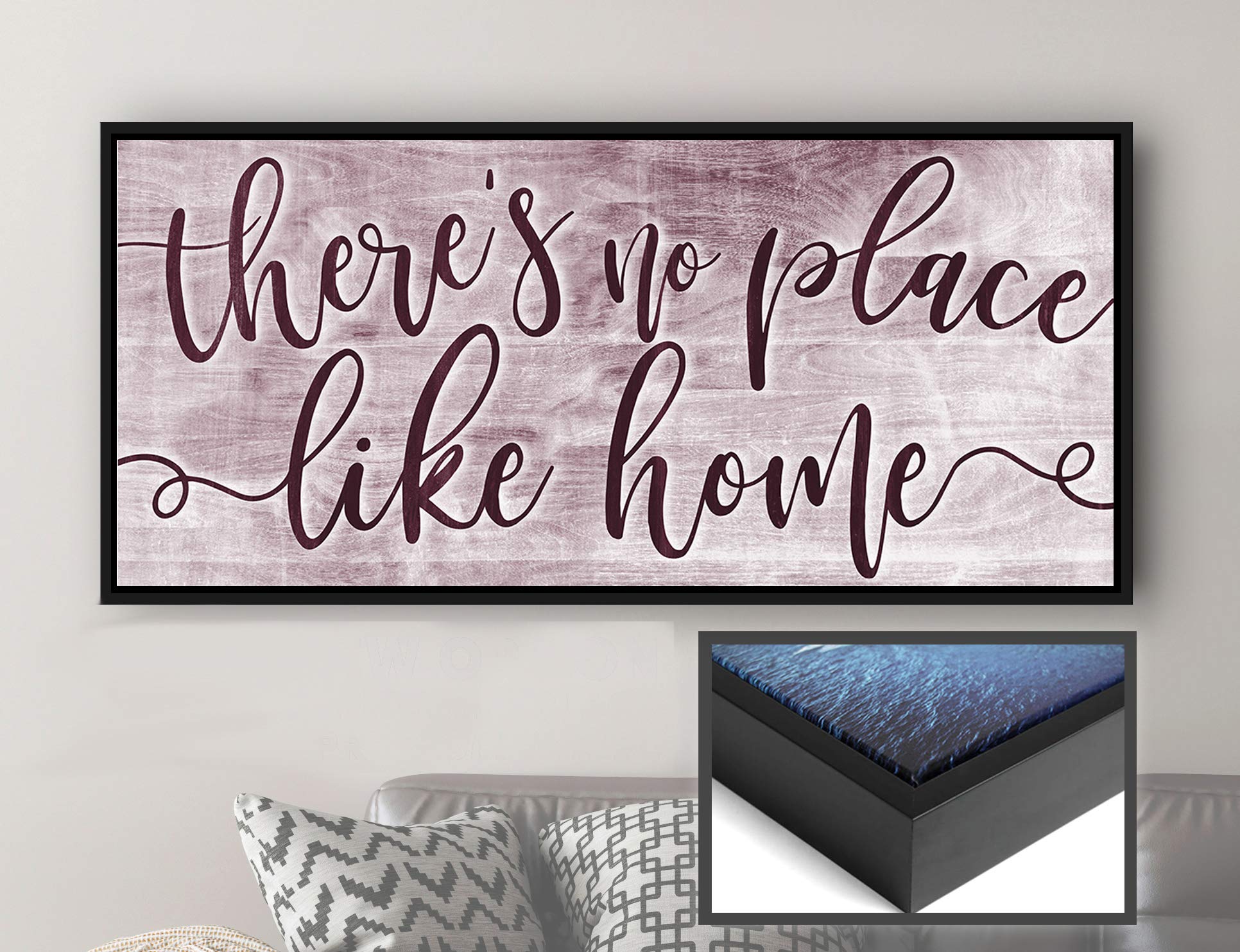 Artistic Home Wall Decor - 'There's No Place Like Home' Rustic Wood Sign with Floating Frame (42x19 Inch) - Perfect for Living Room, Housewarming Gifts & Farmhouse Style Decor - Wine Red & Black Frame for Cozy Home Aesthetic