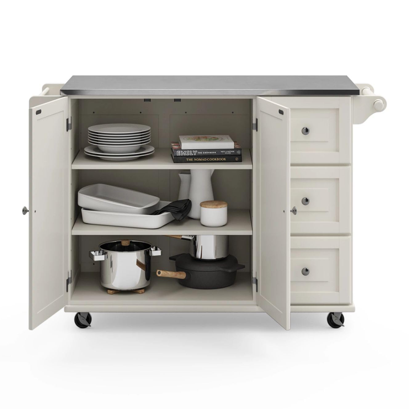 Homestyles Dolly Madison 54-Inch Rolling Kitchen Island with Storage & Towel Rack - Mobile Kitchen Cart for Small Spaces, Off White - Perfect for Apartments, Dorms & Compact Kitchens
