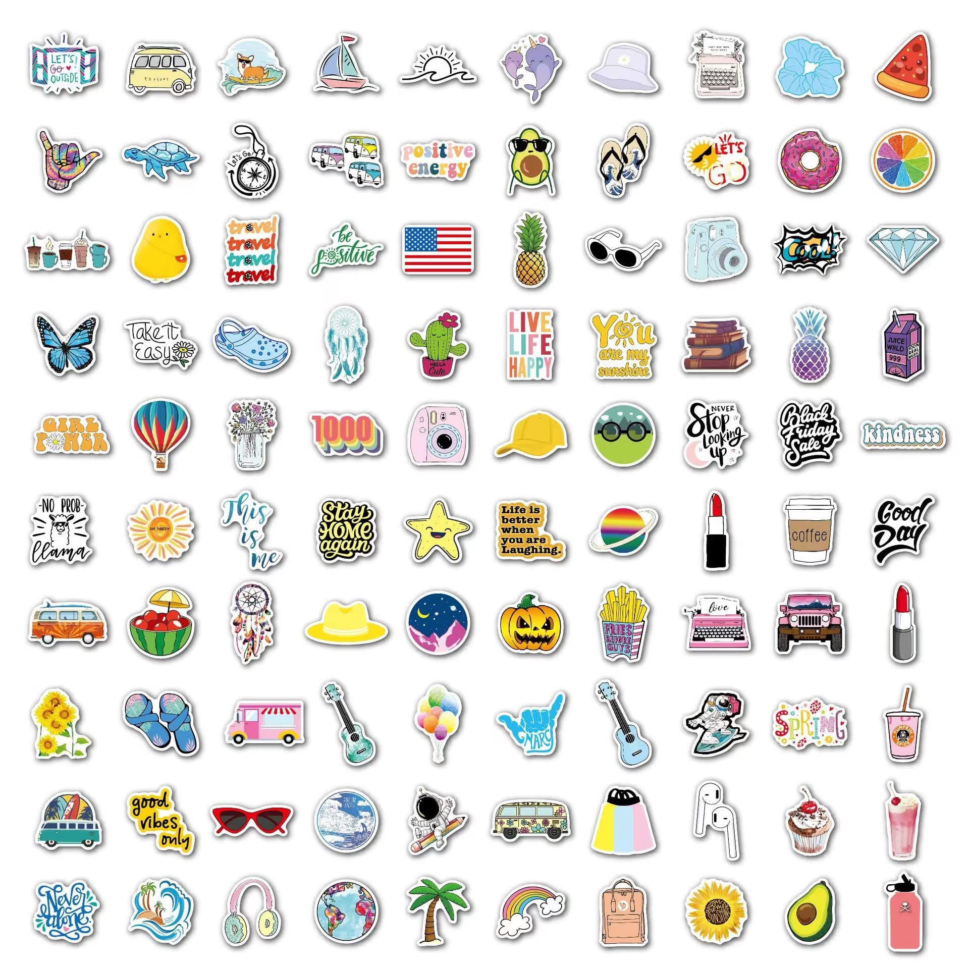 100 Pcs Cute Aesthetic Vinyl Stickers - Waterproof Kawaii Stickers for Kids, Teens, Girls, Boys & Adults - Decorate Water Bottles, Laptops, Phones, Journals & DIY Crafts (VSCO Style Stickers)