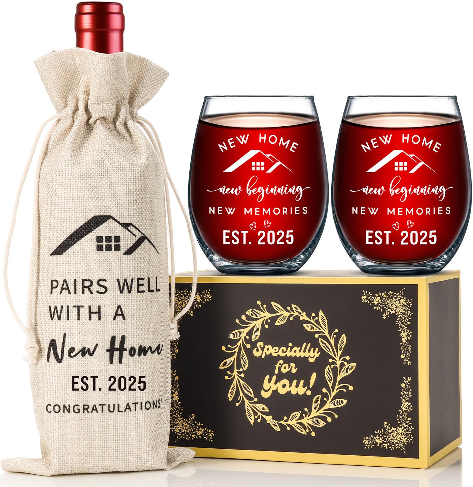 Housewarming Gifts for New Home - Elegant Wine Bag & Glass Set - Perfect First Home Gift for Neighbors, Friends, Couples & Newlyweds - Ideal for Housewarming Parties, Hostess Gifts & New Home Celebrations