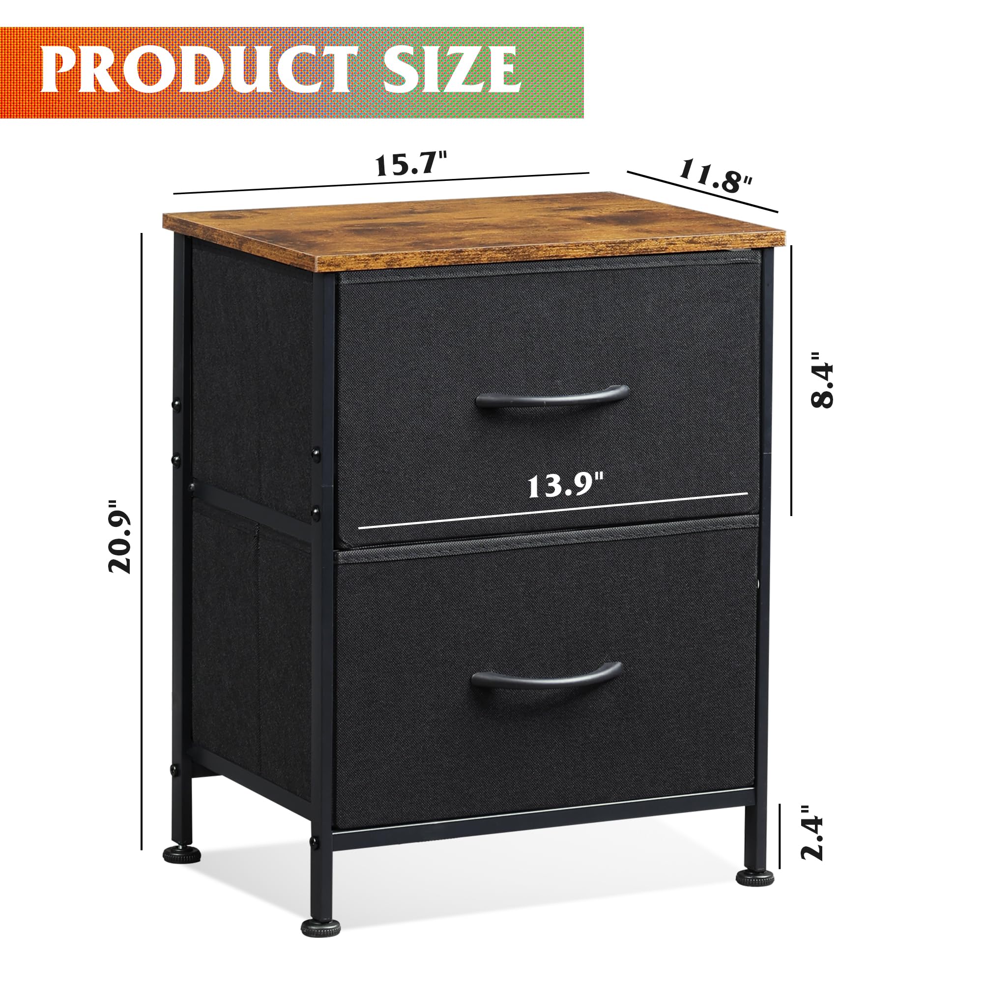 WLIVE 2-Drawer Nightstand Dresser - Small Bedside Table with Fabric Bins for Bedroom, Closet & Entryway - Black & Rustic Brown End Table - Perfect for Bedroom Storage, Living Room Decor & Entryway Organization