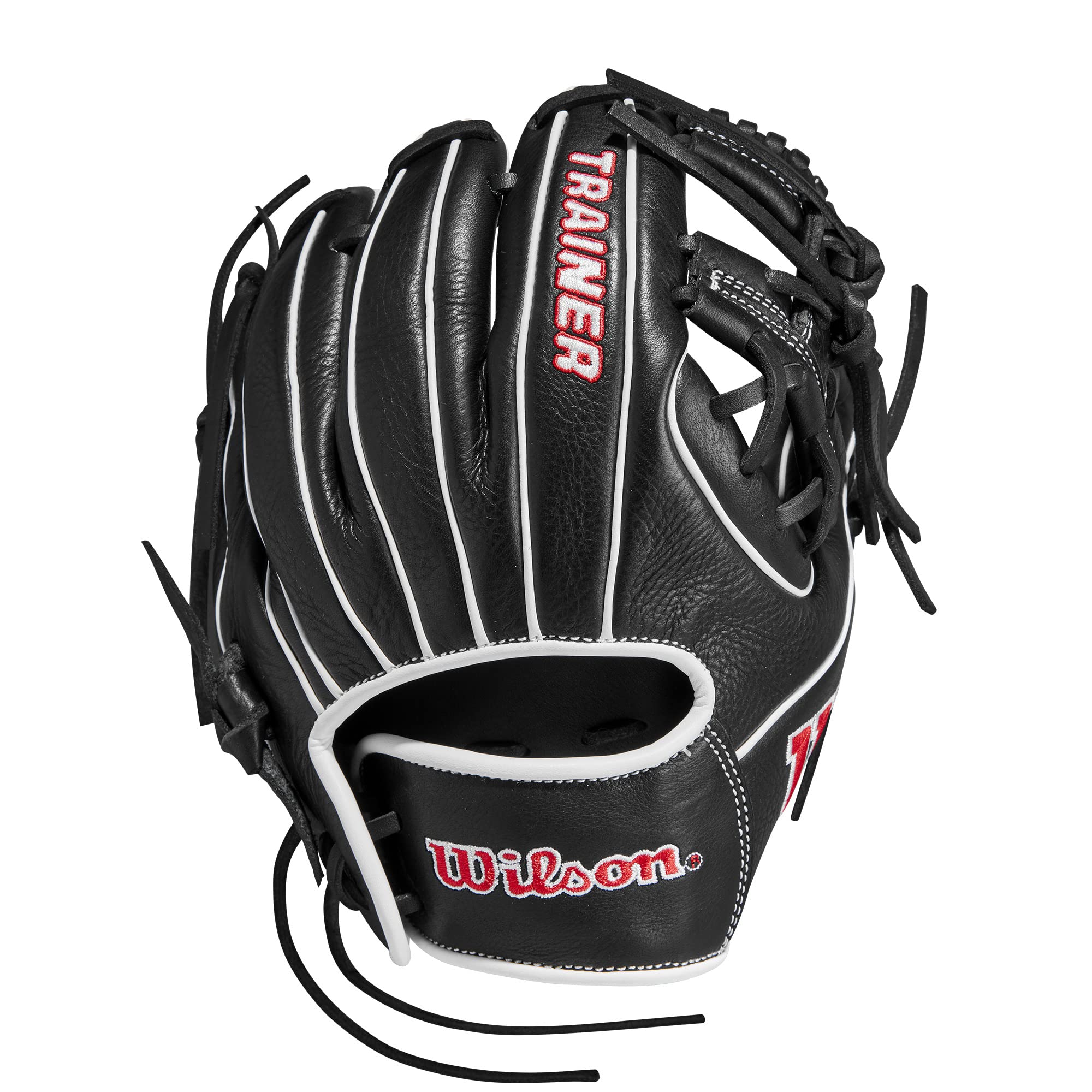 Wilson Trainer Baseball Gloves for Youth & Adults - Black/Red Leather Mitt for Baseball Practice, Training & Games - Perfect for Fielding, Catching & Throwing Drills
