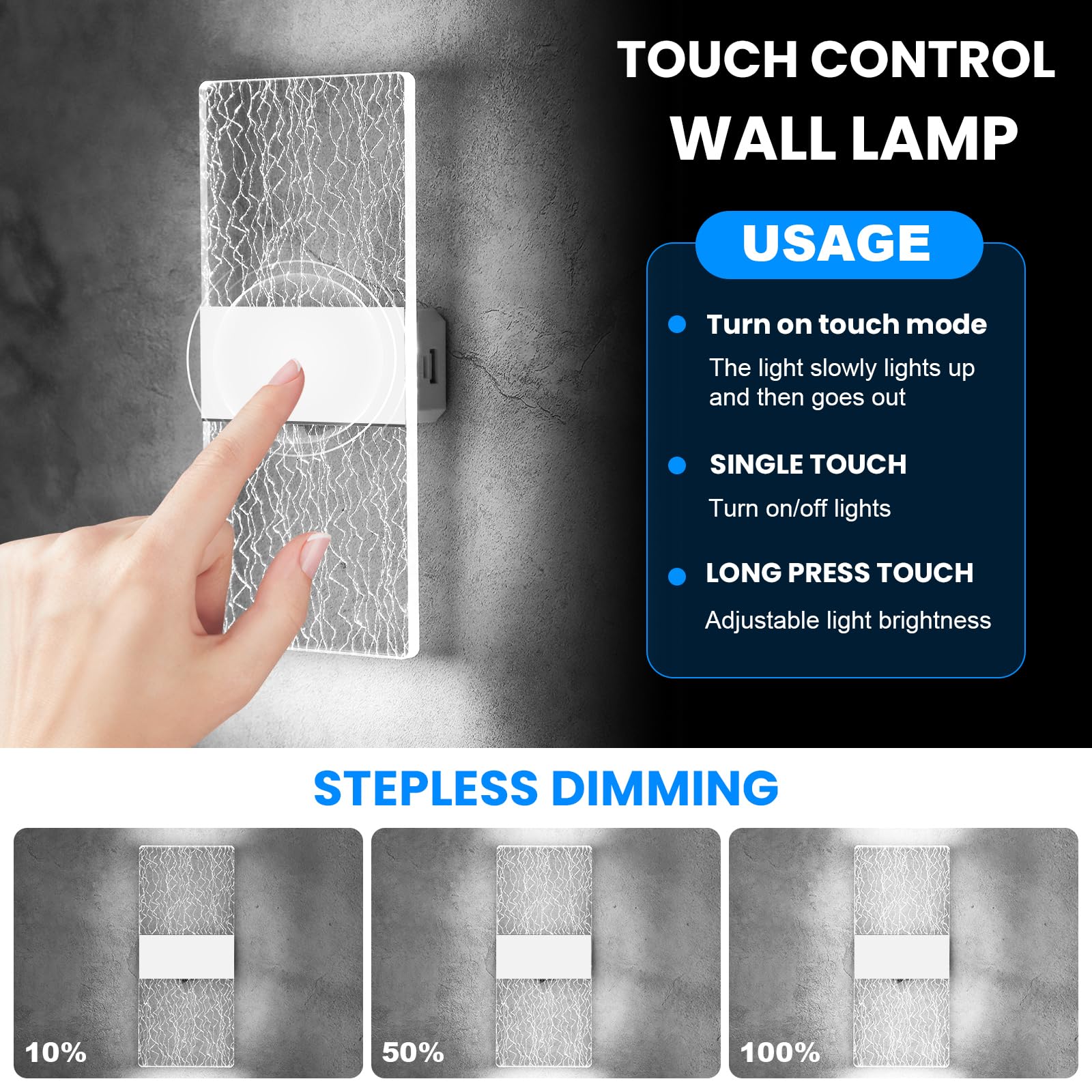 Rechargeable LED Wall Light - Touch Control Modern Indoor Wall Lamp with Magnetic Installation, Wireless White Wall Sconces (6500K Adjustable Brightness, 2 Pack) - Perfect for Bedroom, Hallway & Staircase Lighting