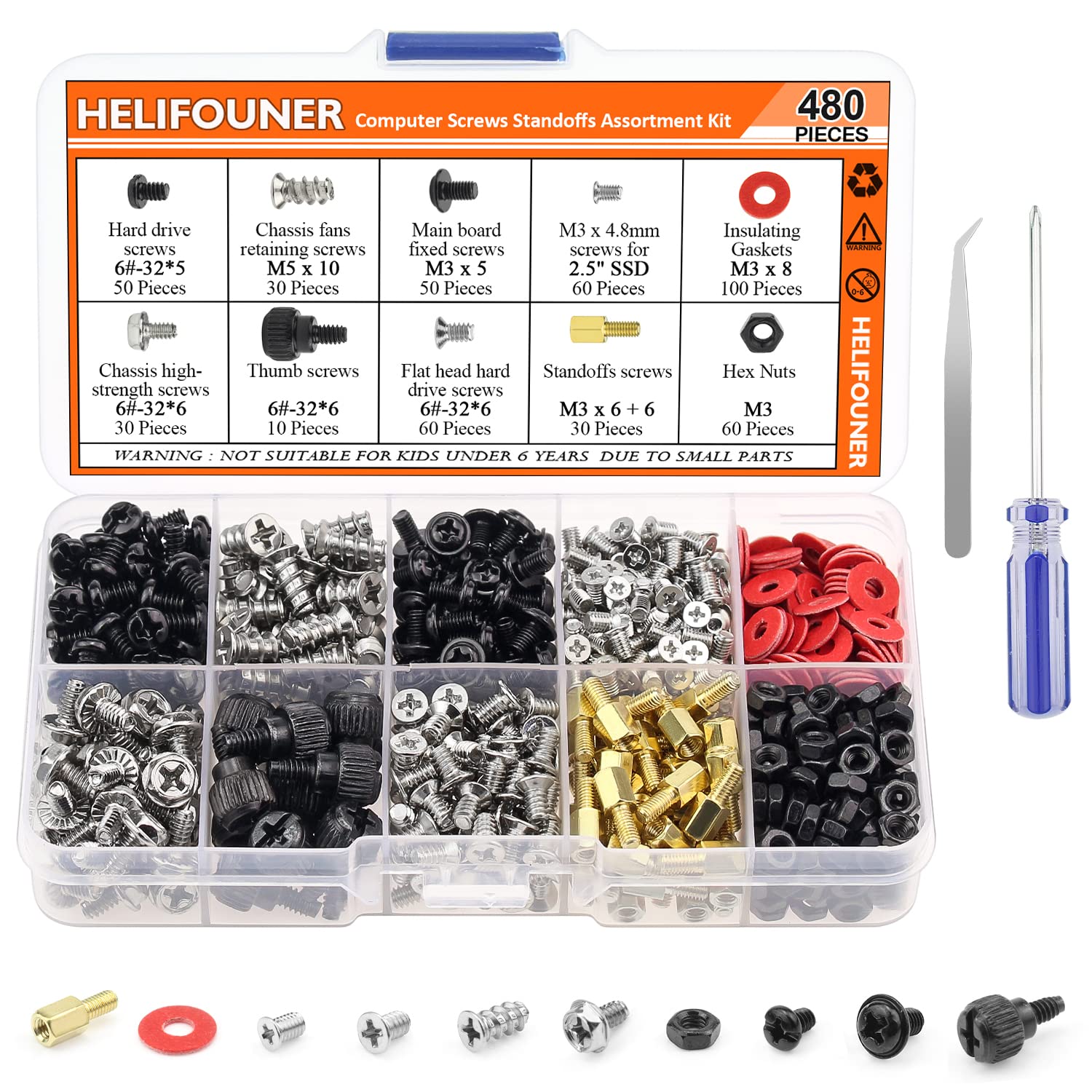 480-Piece Computer Standoffs Screws Assorted Kit - M3/M4/M5 Nylon & Metal Spacers for 2.5