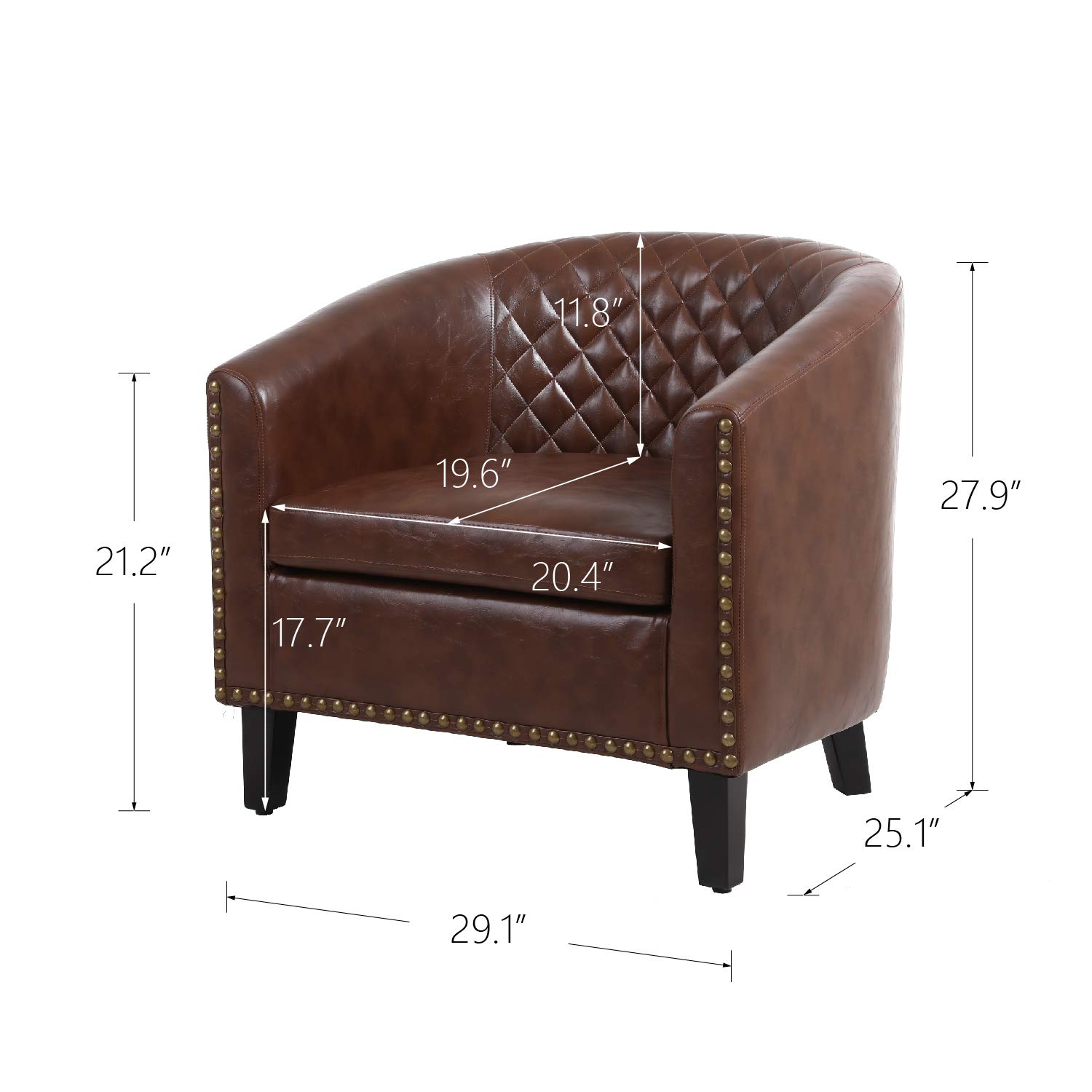 HomVent Brown Faux Leather Barrel Accent Chair - Upholstered Club Chair with Nailhead Trim & Solid Wood Legs - Perfect for Living Room, Bedroom, Home Office & Reception Areas