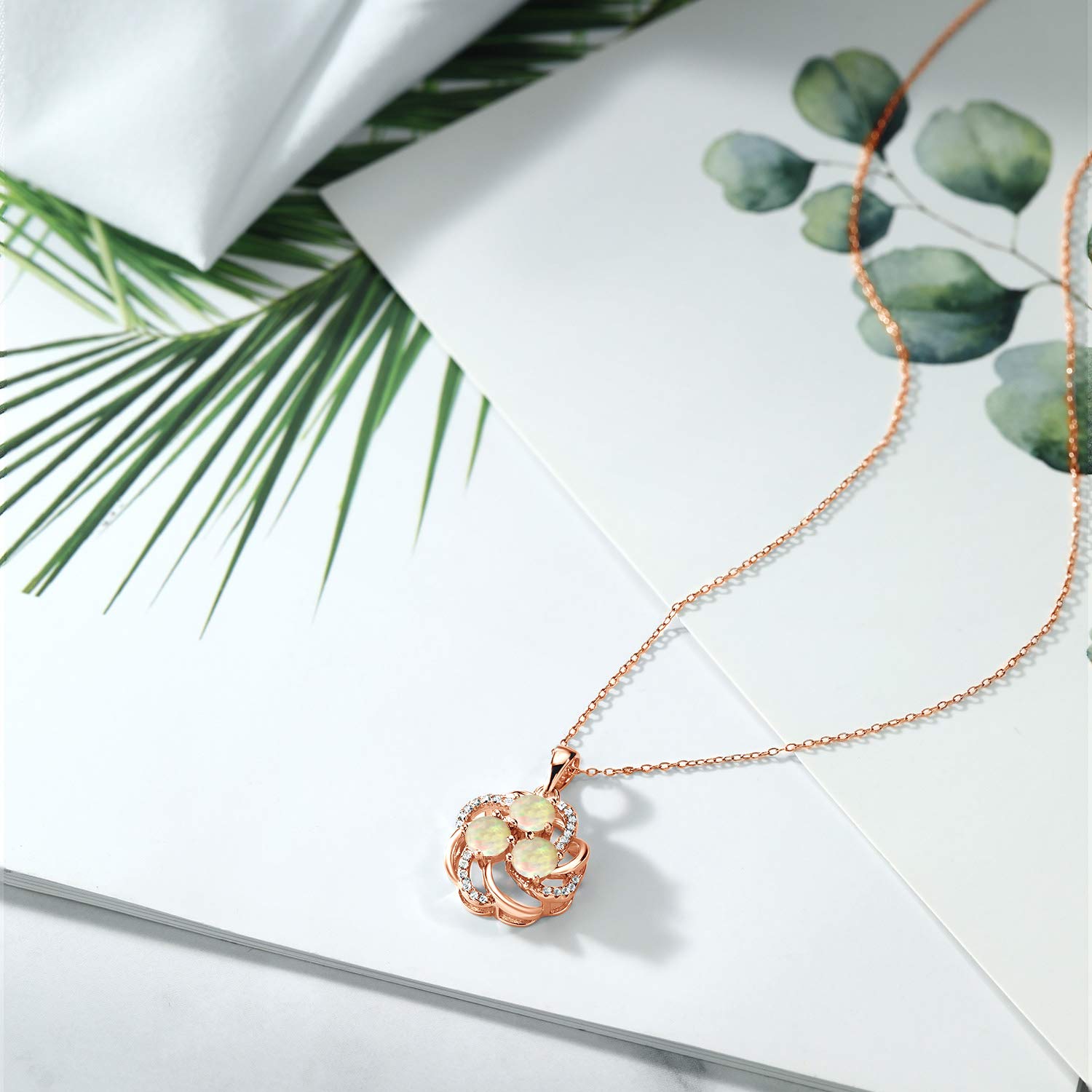 1.22 Ct Round White Ethiopian Opal Pendant - 18K Rose Gold Plated Sterling Silver Jewelry for Women | Elegant Necklace Gift for Birthday, Anniversary & Special Occasions