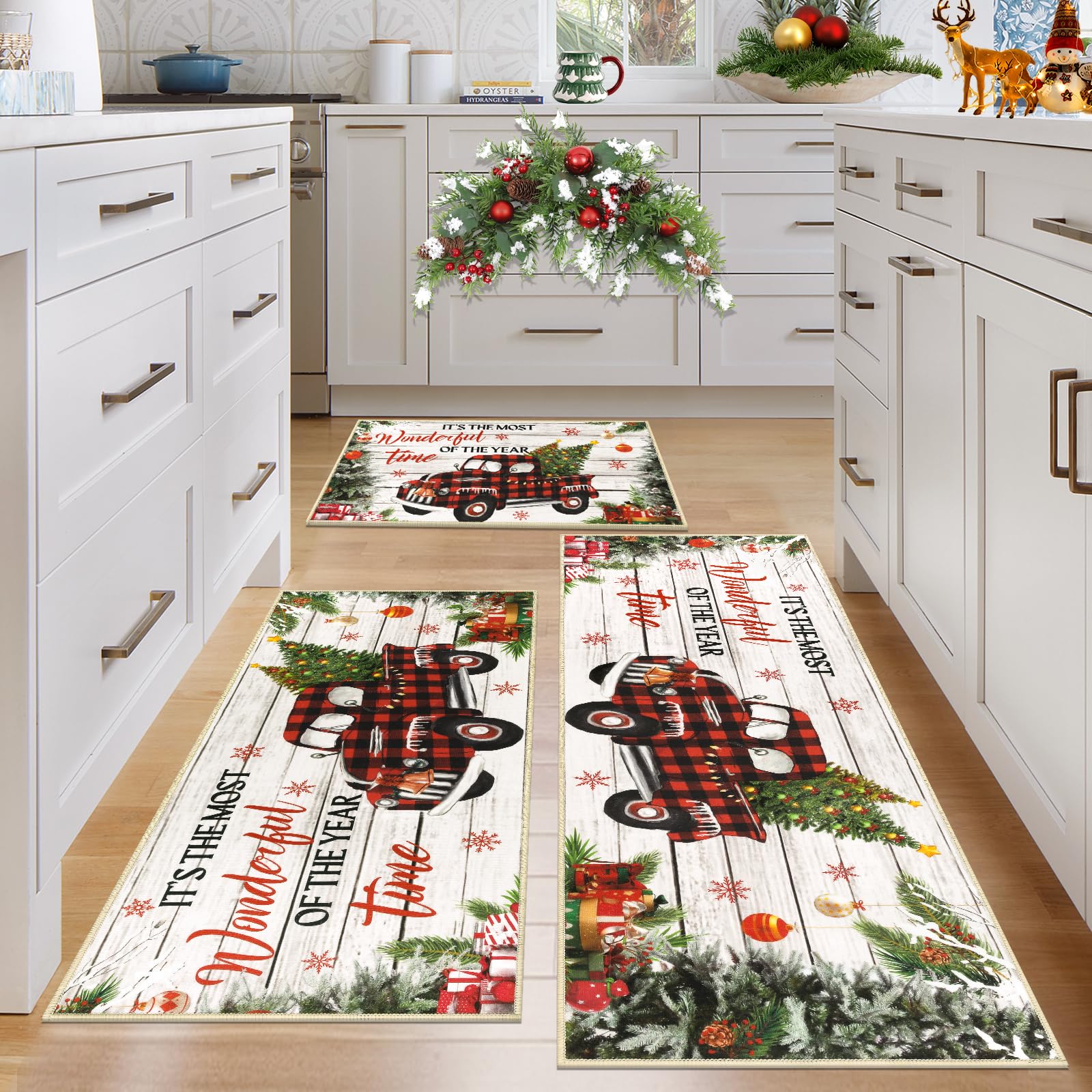 HEBE Christmas Kitchen Rugs Set of 3 - Non-Slip Washable Farmhouse Floor Mats for Winter & Holiday Decor | Perfect for Cozy Kitchen, Dining Area & Christmas Home Decoration