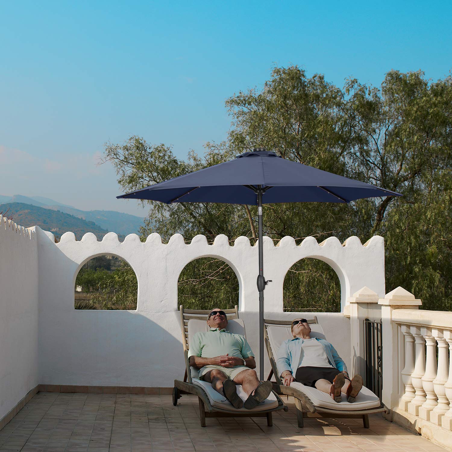 10 FT Outdoor Patio Umbrella with LED Lights - Tilt & Crank Market Umbrella with 8 Sturdy Ribs for Garden, Poolside, Restaurant, and Backyard Dining
