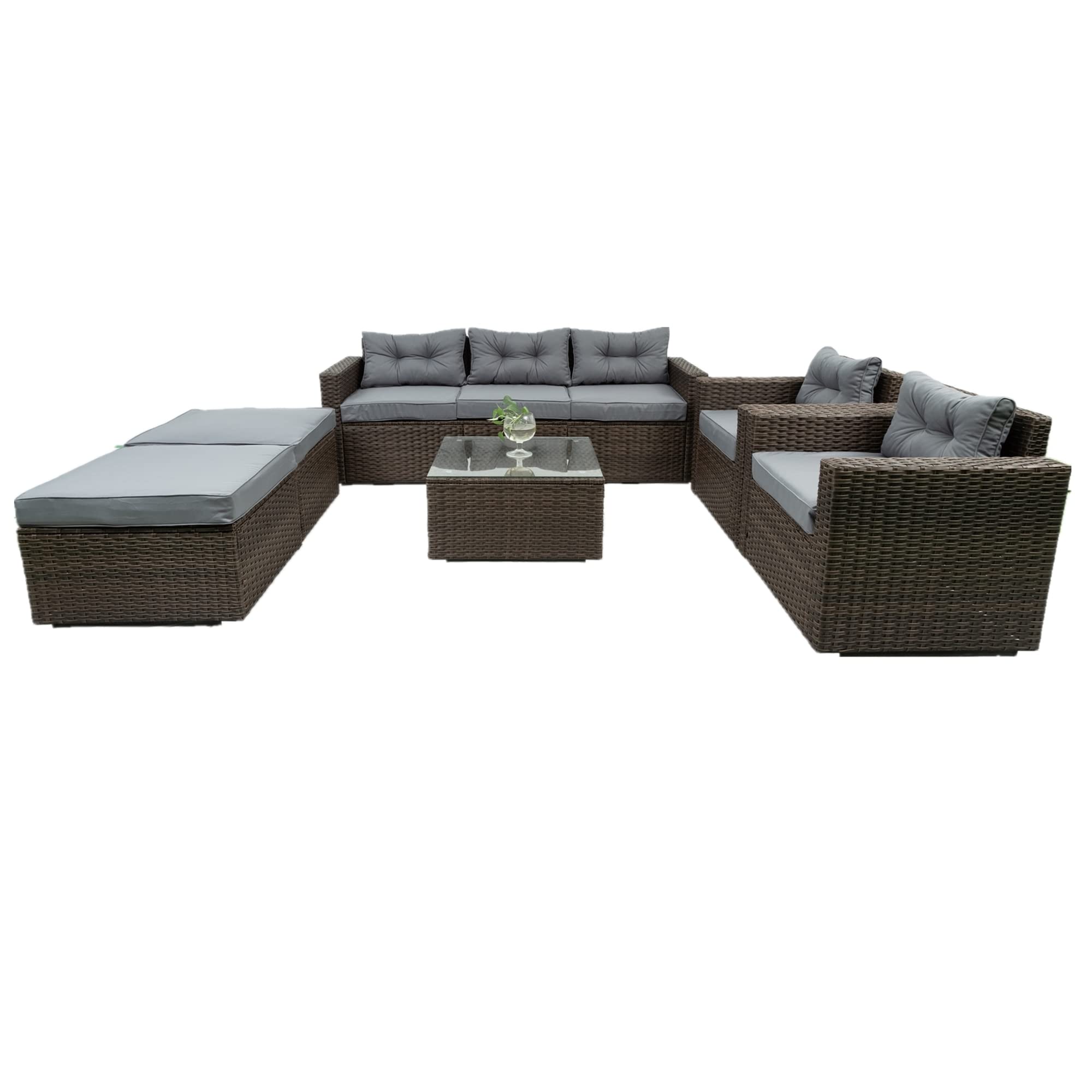 6-Piece Patio Rattan Wicker Outdoor Furniture Set with Storage Box, Removable Cushions & Tempered Glass Tabletop - Garden, Porch, Backyard Conversation Sofa for Relaxing & Entertaining Guests