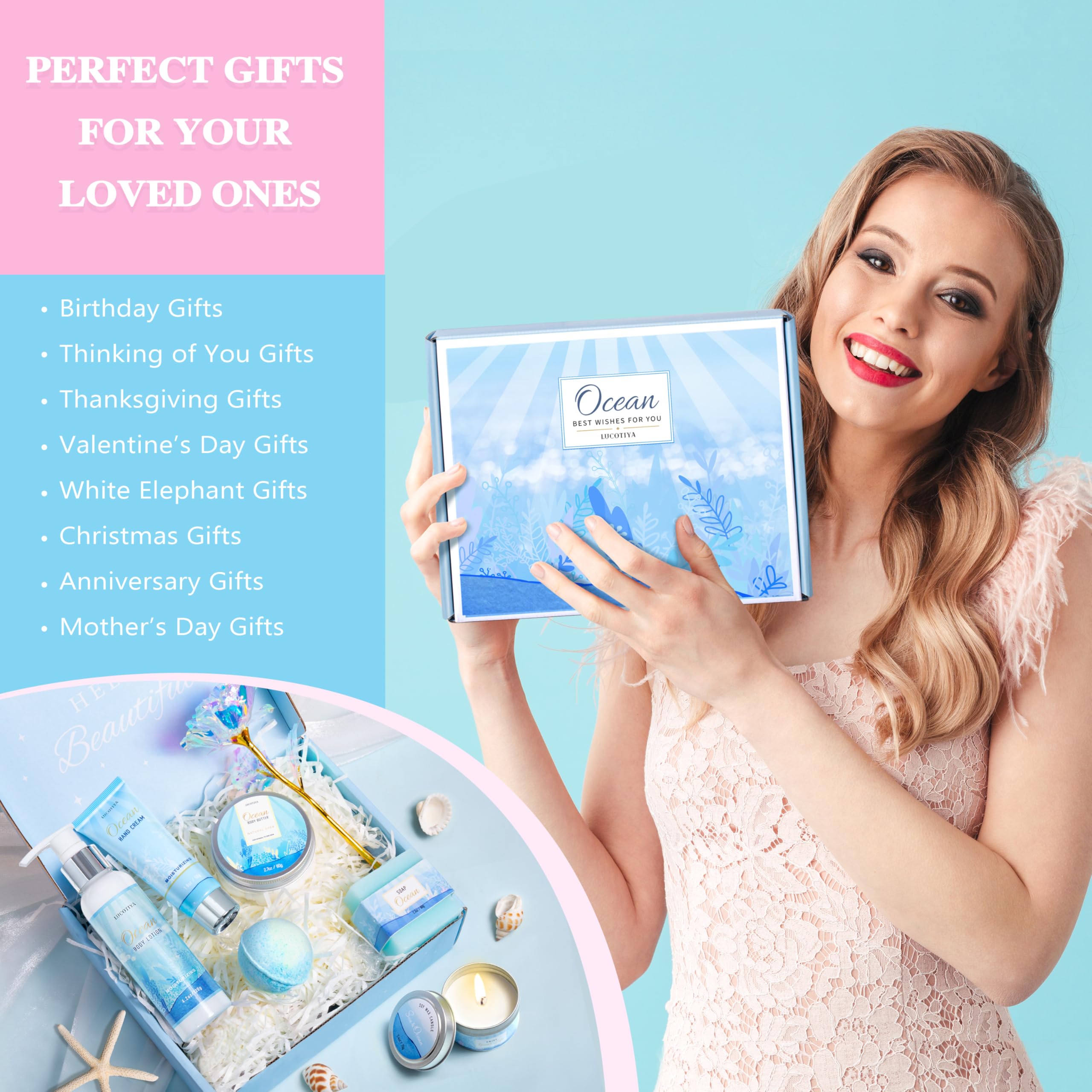 Luxury Ocean Scented Spa Gift Set for Women - Birthday Self Care Gifts for Her, Wife & Mom - Relaxation & Pampering