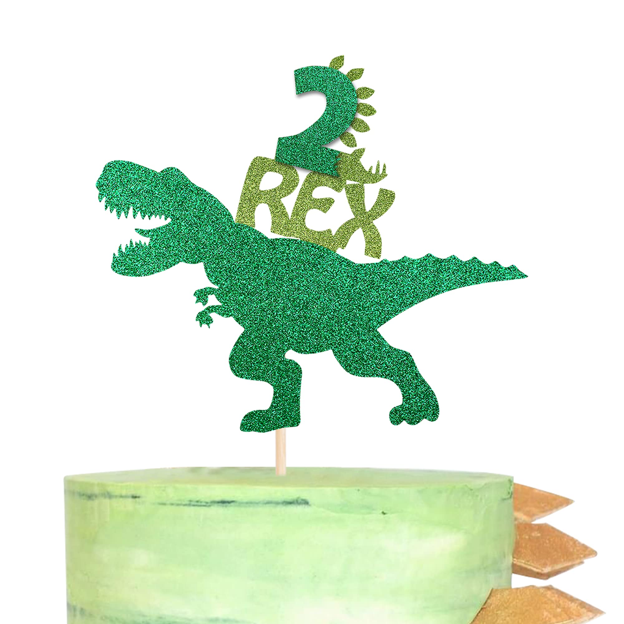 1 Pack Dinosaur 2nd Birthday Cake Topper - Glitter T-Rex Cake Decorations for Baby Shower, Dinosaur Theme Party Supplies (Green) - Perfect for Kids Birthday Cakes, Cupcake Toppers and Party Decorations