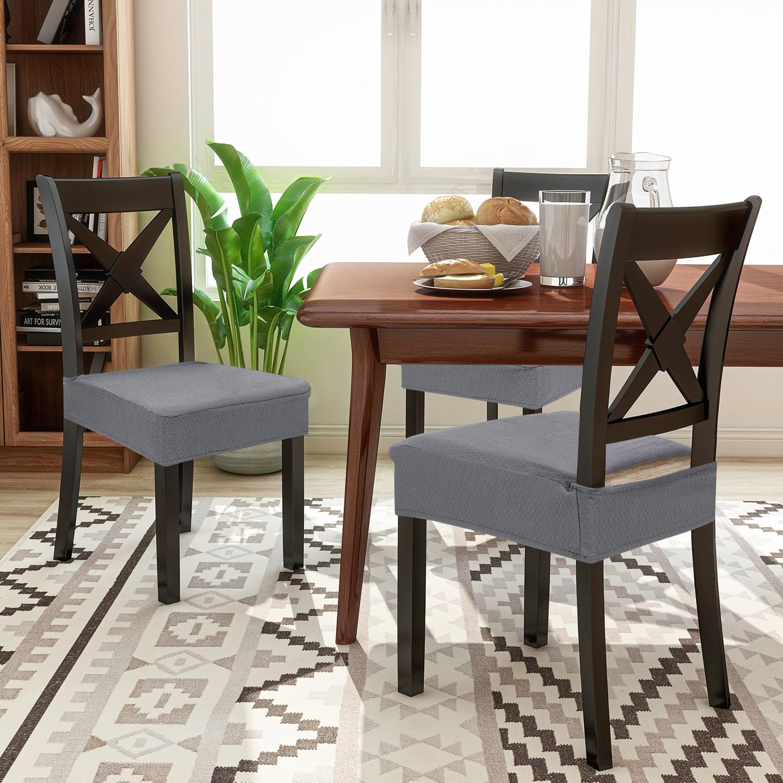 Smiry Waterproof Dining Chair Seat Covers - Set of 4 Stretch Jacquard Slipcovers, Washable & Removable Protector (Grey) - Perfect for Family Meals, Dinner Parties & Pet-Friendly Homes