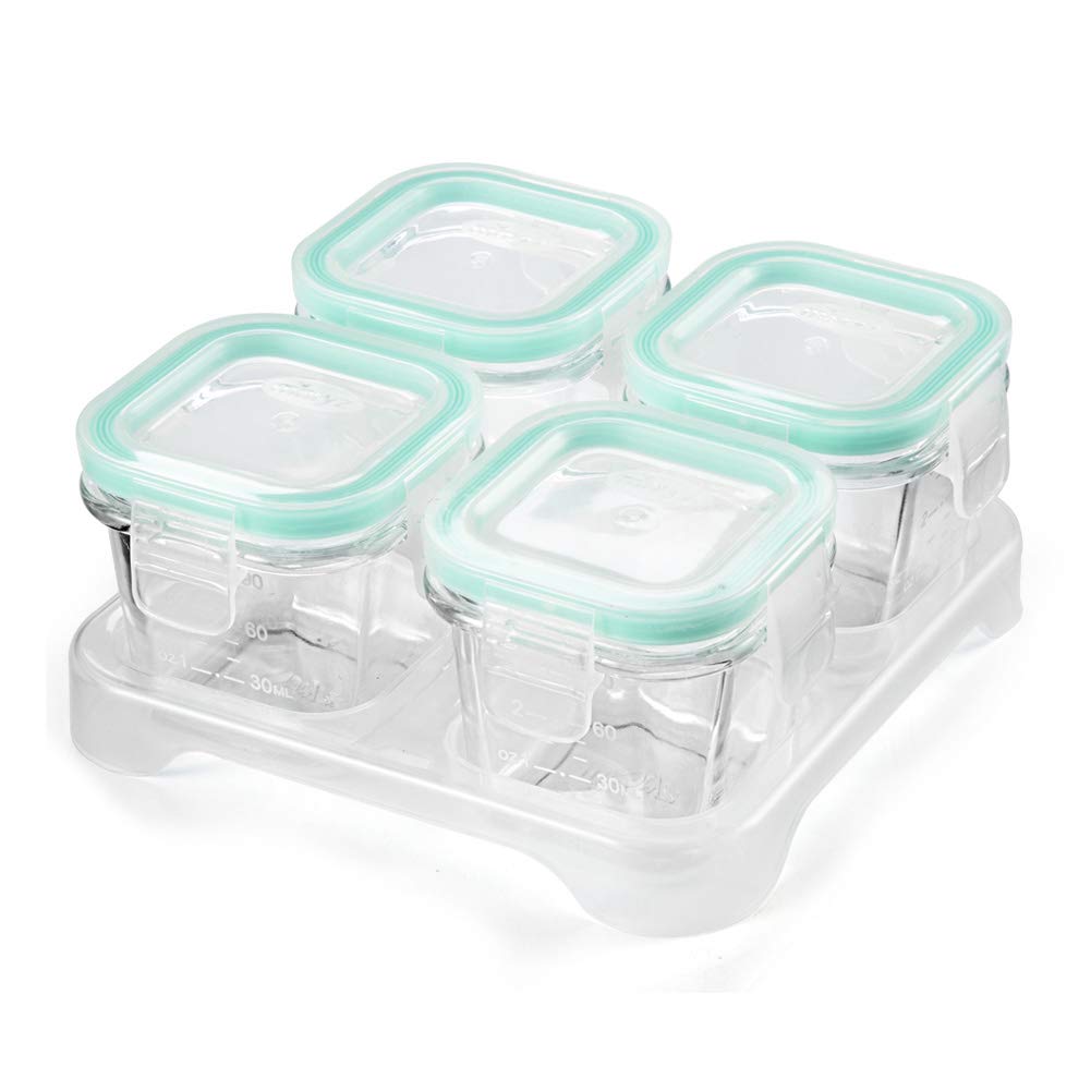 Matyz 4-Pack Glass Baby Food Containers with Airtight Lids & Stackable Tray - 3oz Freezer Safe Storage Jars for Infants & Toddlers - BPA-Free Reusable Meal Prep Containers (Mint Green) - Perfect for Homemade Purees, Snacks & Daycare Lunches
