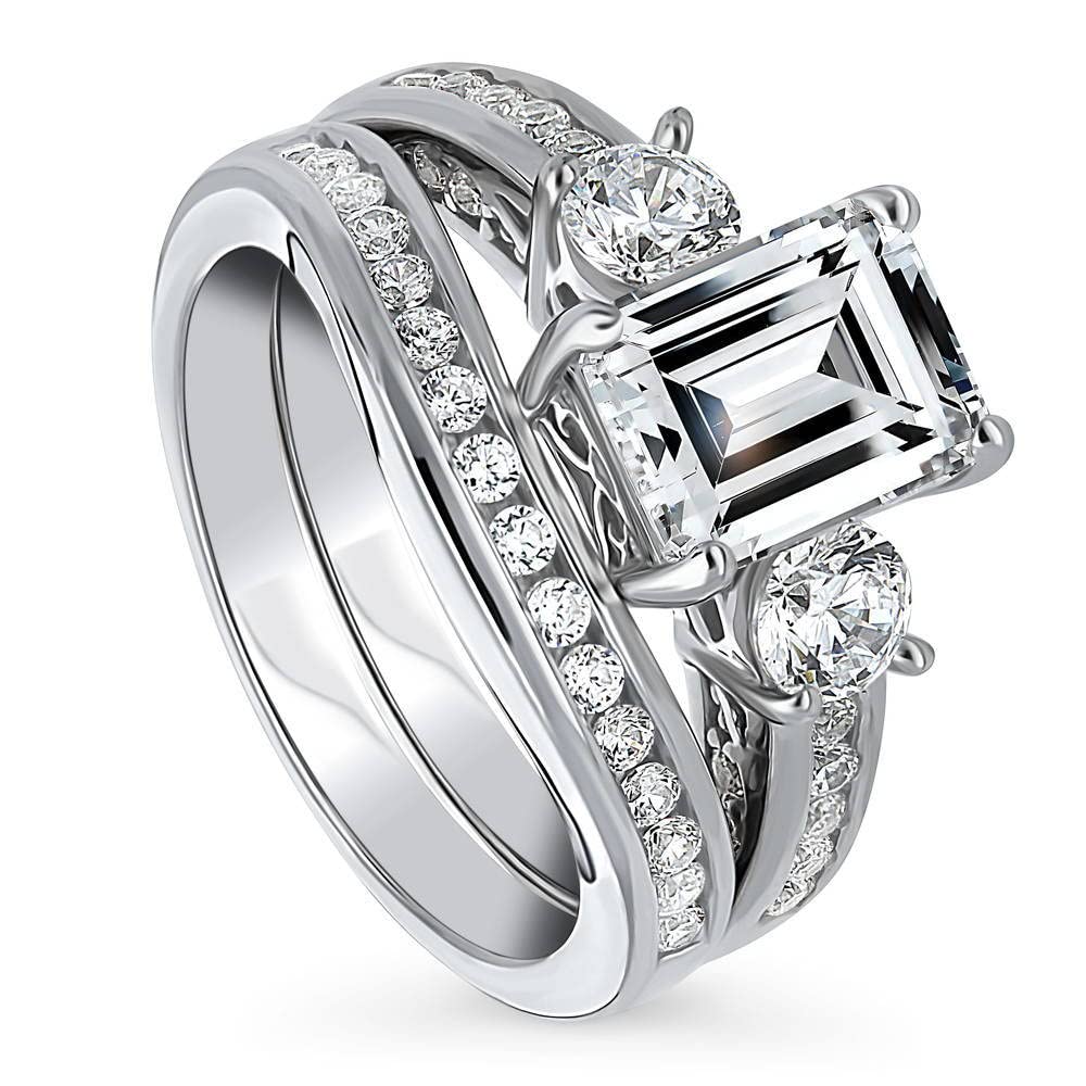 BERRICLE Sterling Silver 3-Stone Wedding Engagement Ring Set for Women - 2.1 Carat Emerald Cut Cubic Zirconia CZ, Rhodium Plated, Size 4-10 | Elegant Bridal Jewelry for Proposals, Anniversaries & Special Occasions