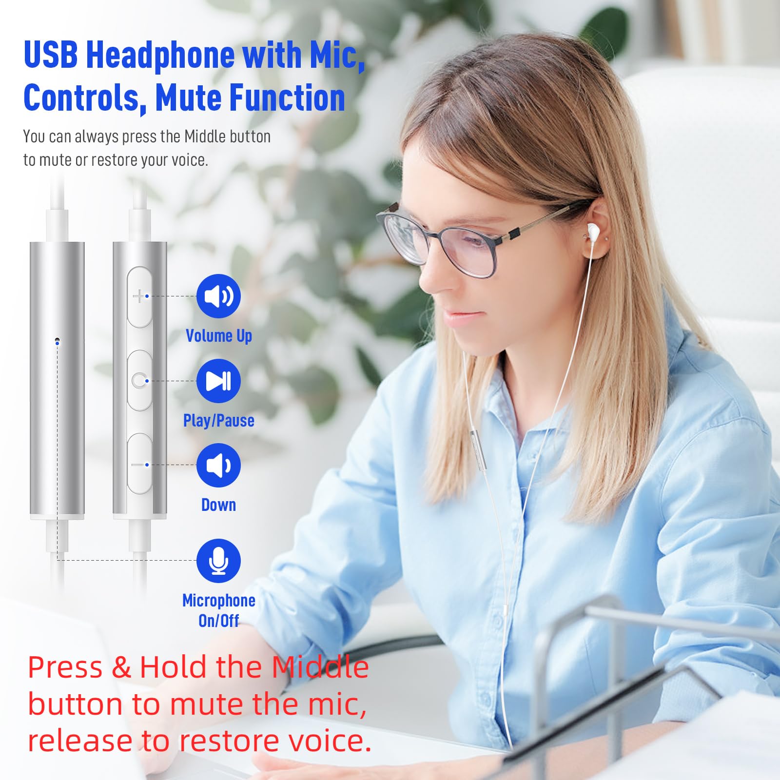 USB Wired Headphones with Mic for PC, Laptop & MacBook Pro - 7.5ft Magnetic Noise Isolating Earbuds, Volume Control & Mute for Gaming, Office Work, School & Zoom Meetings