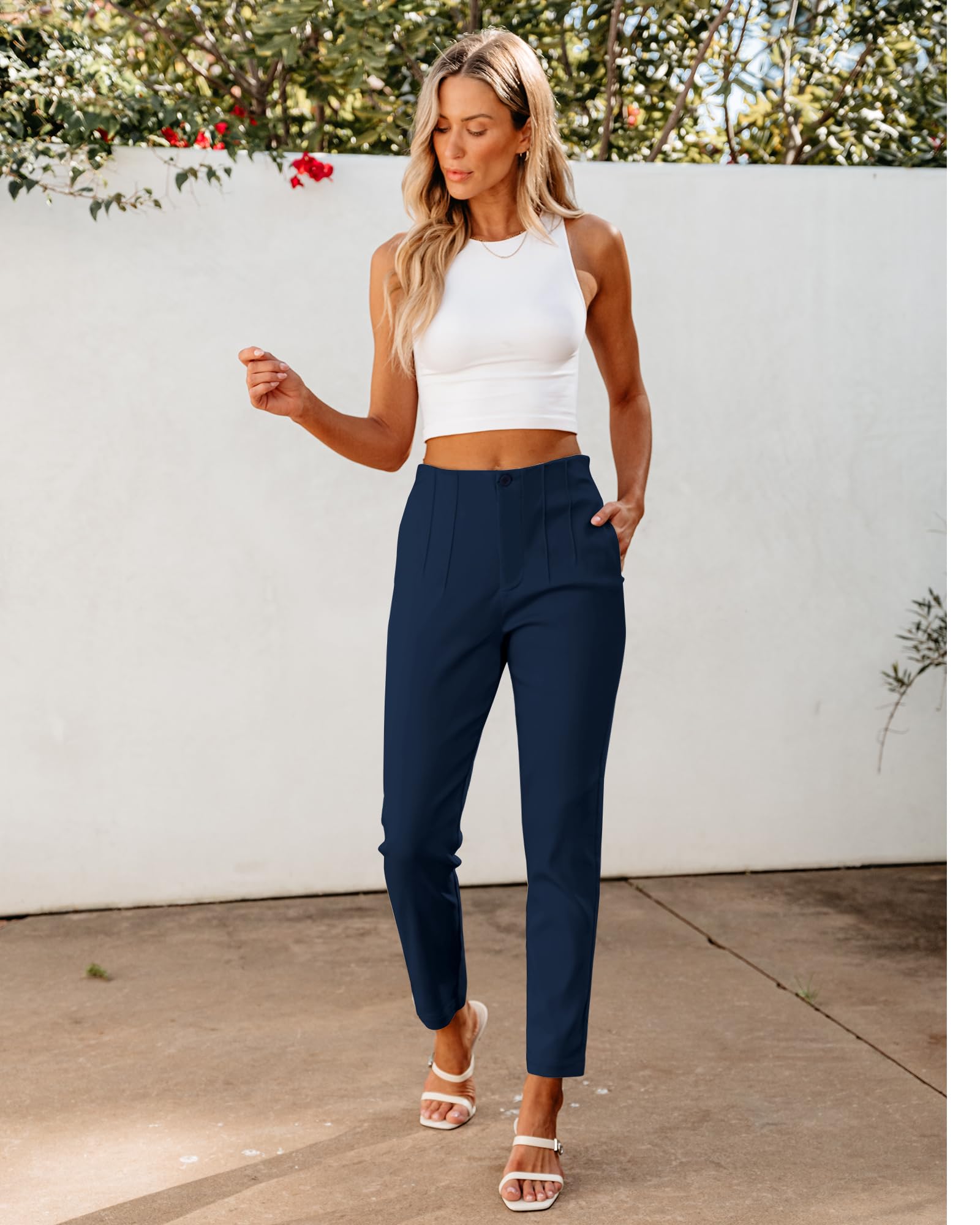 GRAPENT Women's High Waisted Pleated Cropped Pants - Dressy Casual Slim Ankle Trousers for Work & Outings
