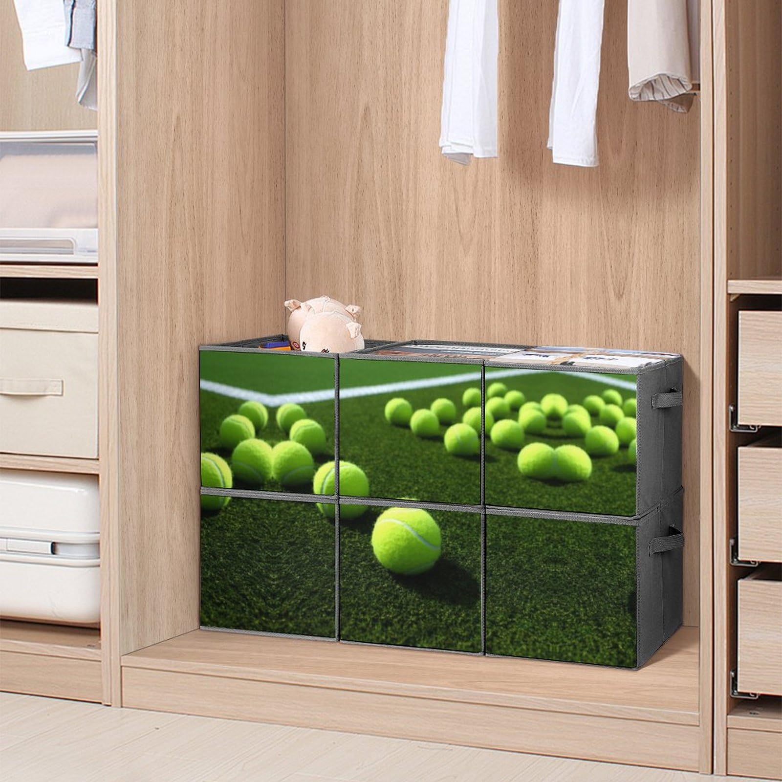 Premium 6-Pack Collapsible Storage Baskets with Handles - Foldable Fabric Storage Cubes for Tennis Balls, Sports Gear & Home Organization - Perfect for Closet, Laundry Room & Courtside Equipment Storage