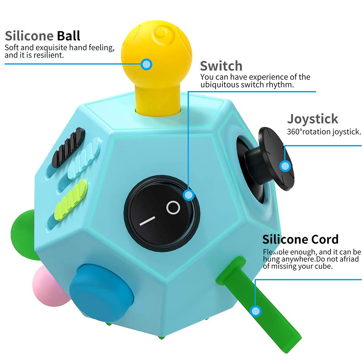 PAPOLGO 12-Side Fidget Cube Toy for Stress Relief & Anxiety - ADHD, Autism Sensory Toys for Kids & Adults - Focus & Boredom Buster - Perfect for Office, School, Travel (Blue / B3)