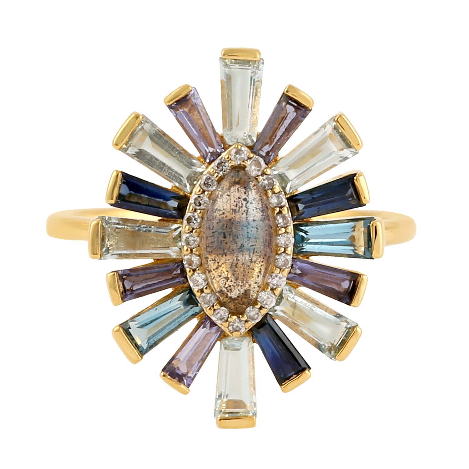 18K Yellow Gold Baguette Cut Multi-Gemstone Pave Diamond Evil Eye Cocktail Ring for Women - Elegant Statement Jewelry for Parties, Weddings & Special Occasions