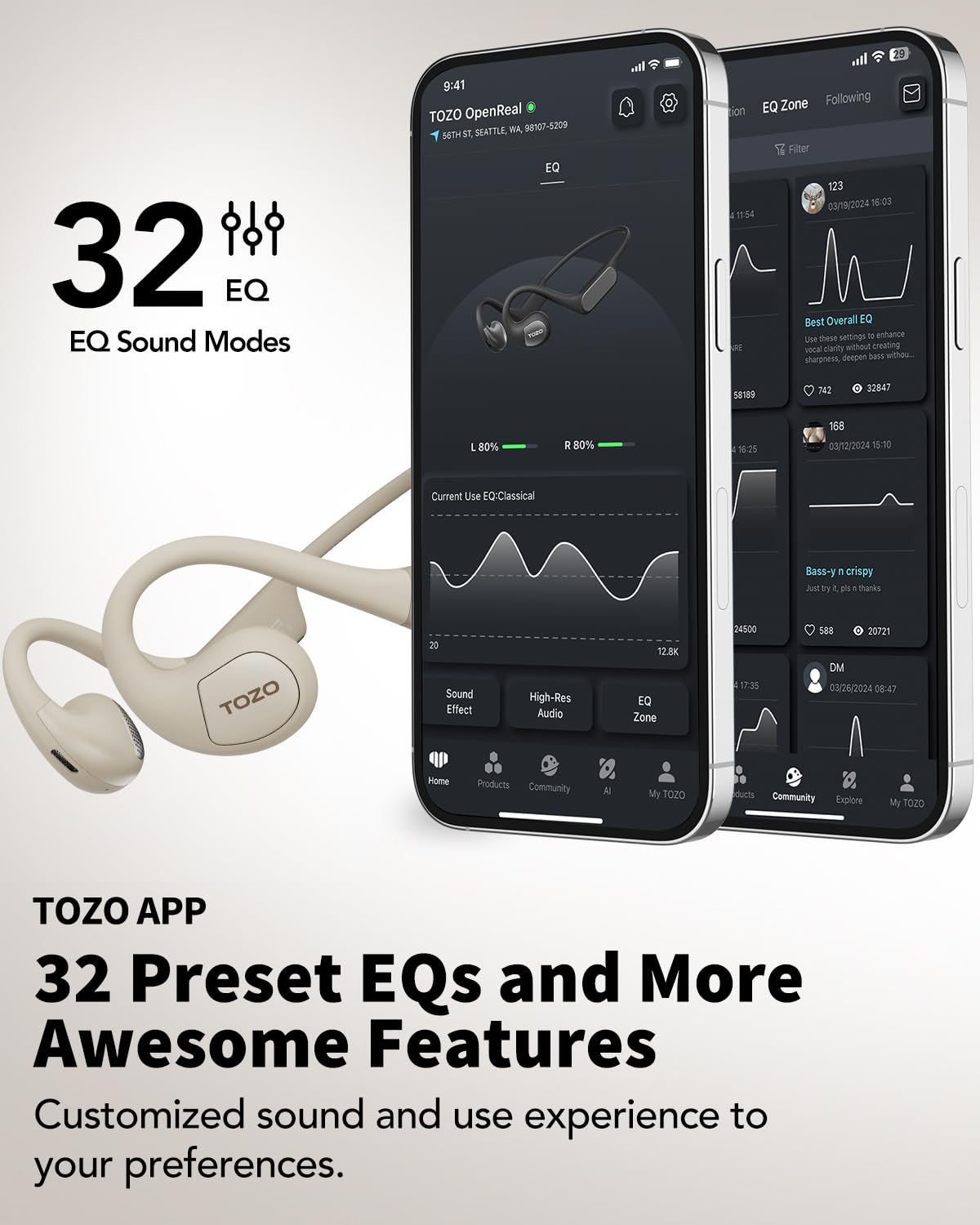 TOZO Upgraded Open Ear Bluetooth 5.3 Wireless Headphones - Air Conduction Sport Earbuds with Premium Sound, 32 EQ Modes via APP, Dual-Mic Noise Cancelling for Calls - Comfortable Hairband Design for Cycling, Running, Workouts & Outdoor Activities
