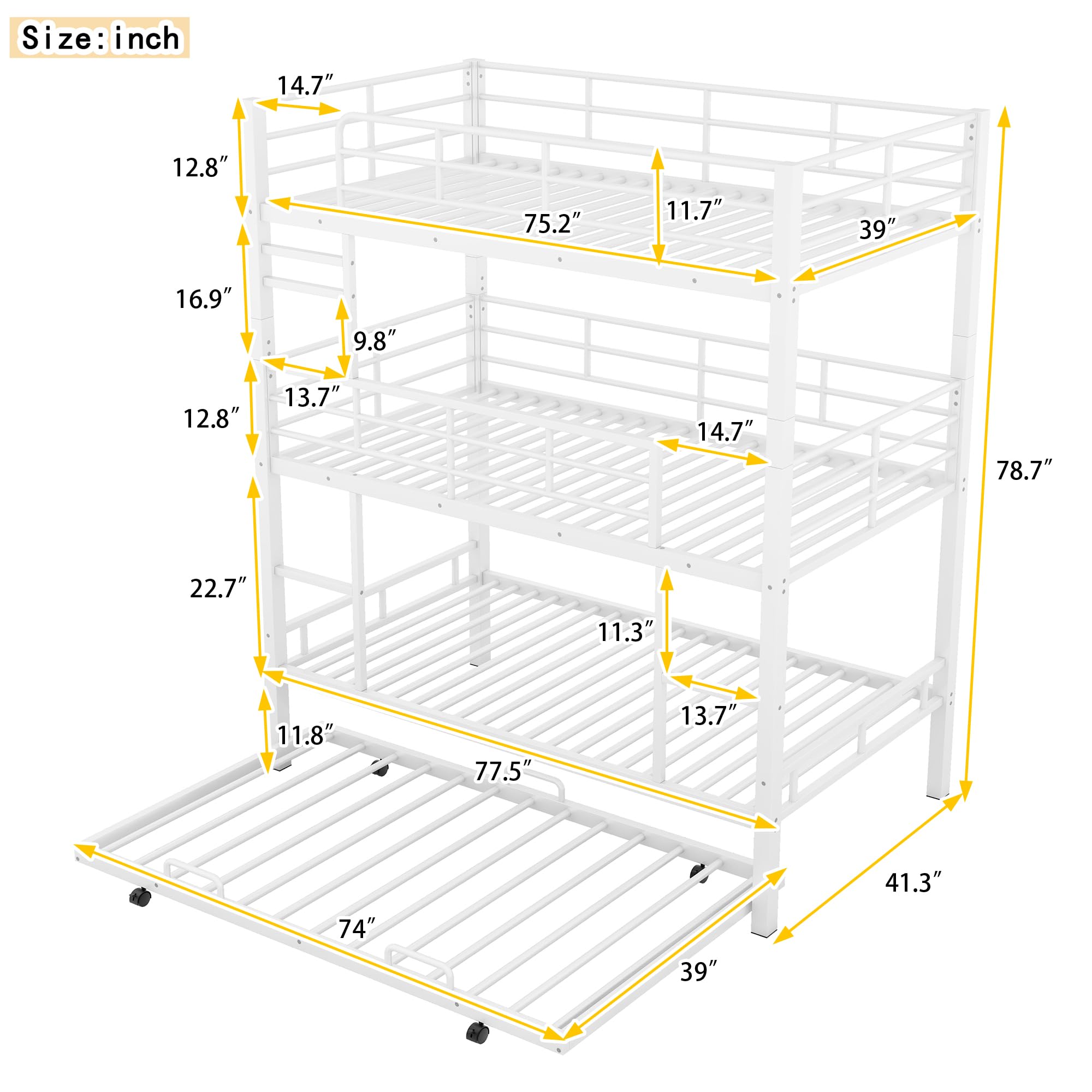 BOVZA White Metal Triple Twin Bunk Bed with Trundle - Twin Over Twin Over Twin 3 Tier Bunk Bed for 4 People, Convertible to 3 Separate Beds, Includes 2 Ladders & Guardrails - Perfect for Kids, Teens, Dorms, Small Bedrooms & Space-Saving Solutions