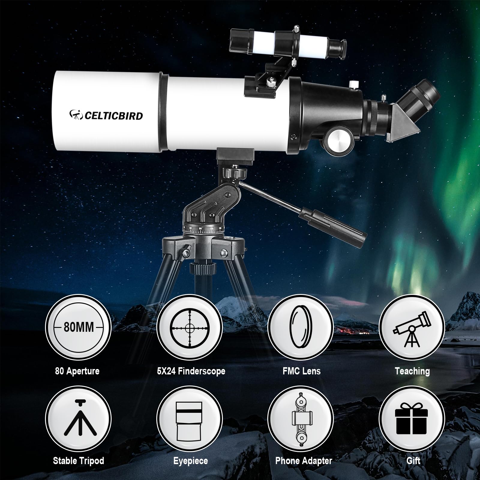 Celticbird 80mm Aperture 600mm Refractor Telescope for Astronomy - Portable Travel Telescope with AZ Mount, Backpack & Phone Adapter for Adults, Kids & Beginners (80600) - Perfect for Stargazing, Moon Observation & Outdoor Adventures