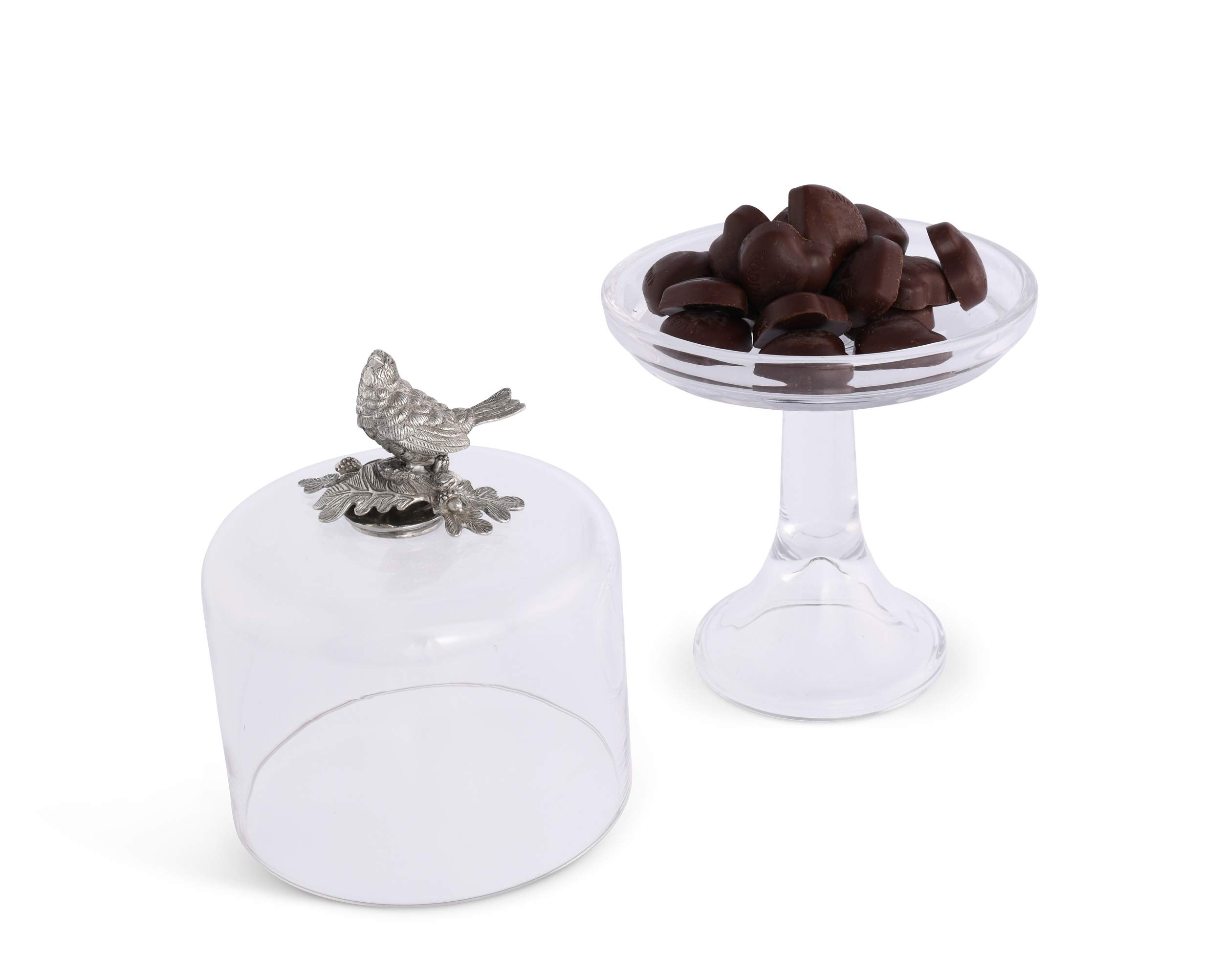 Vagabond House 6-Inch Hand-Blown Glass Cheese Dome with Pewter Songbird Knob - Perfect for Dessert Display, Cupcake Stand & Cheese Serving - Elegant Table Centerpiece for Parties & Dining