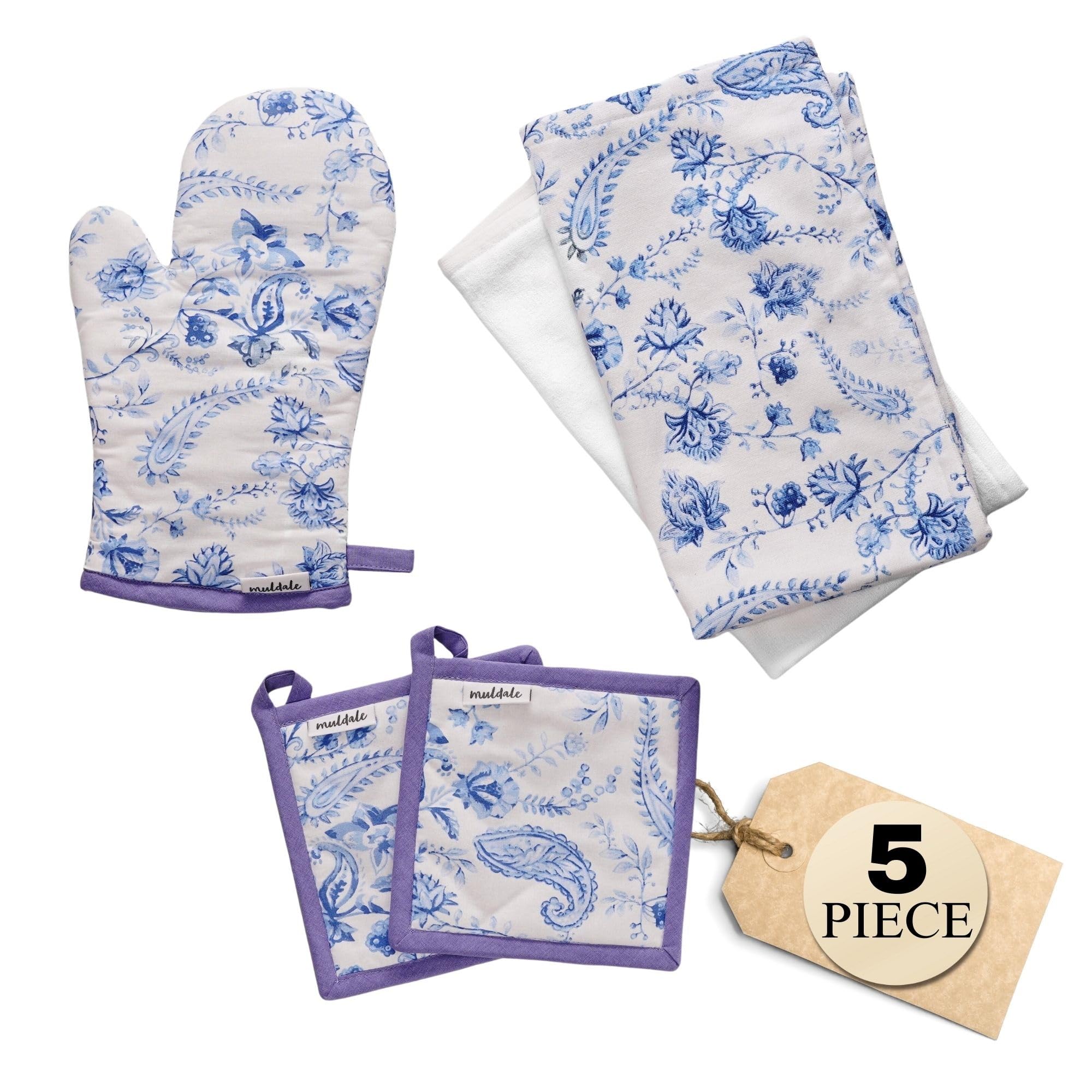 **Muldale Navy Blue Floral Pot Holders and Dish Towels Set - 5-Pack Soft Absorbent Kitchen Towels - Vintage Chinoiserie Textiles for Cooking, Baking & Kitchen Décor**