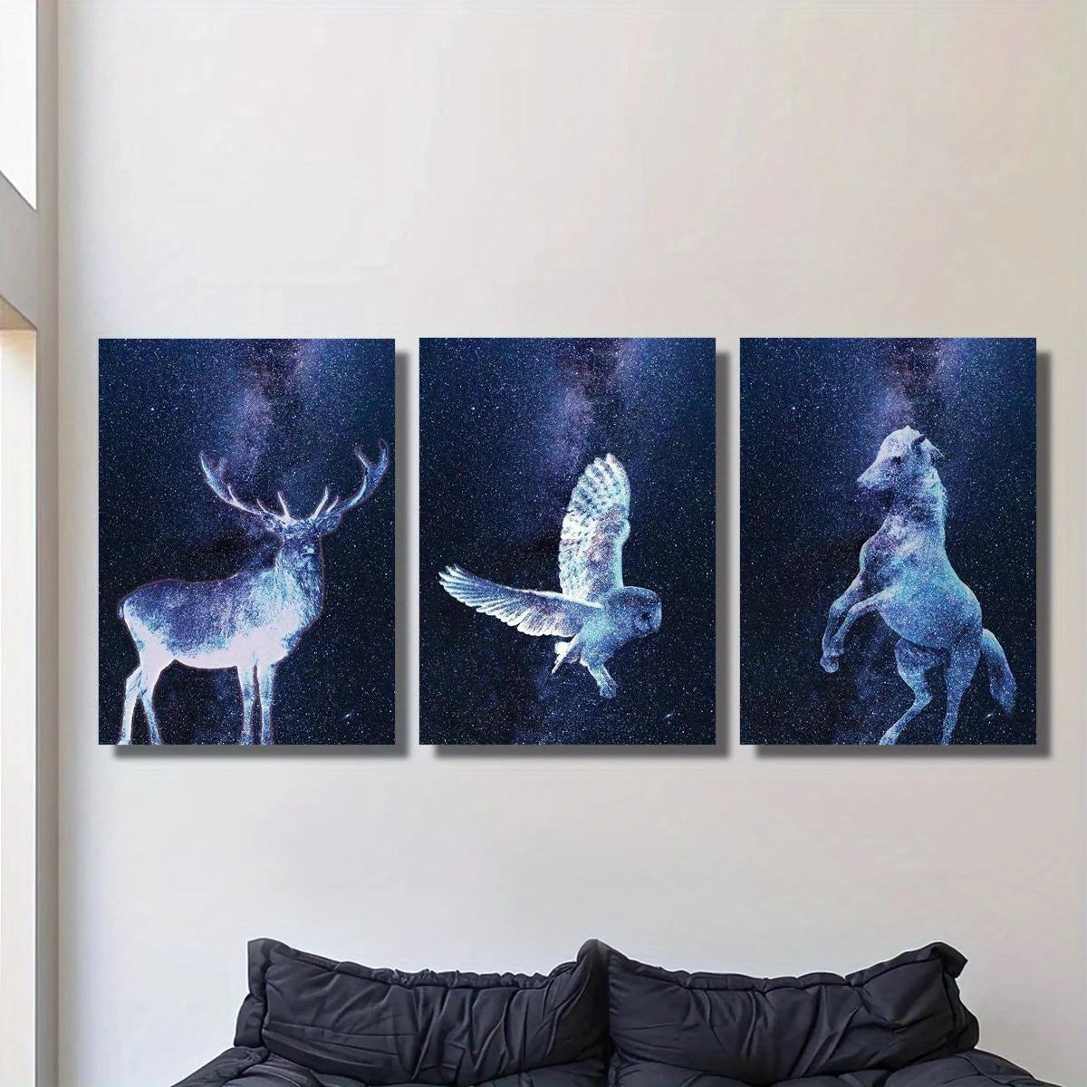 3-Piece Abstract Cosmic, Deer, Owl & Horse in Space Stars Metal Wall Art - Ready to Hang Home Decor for Living Room, Bedroom & Office