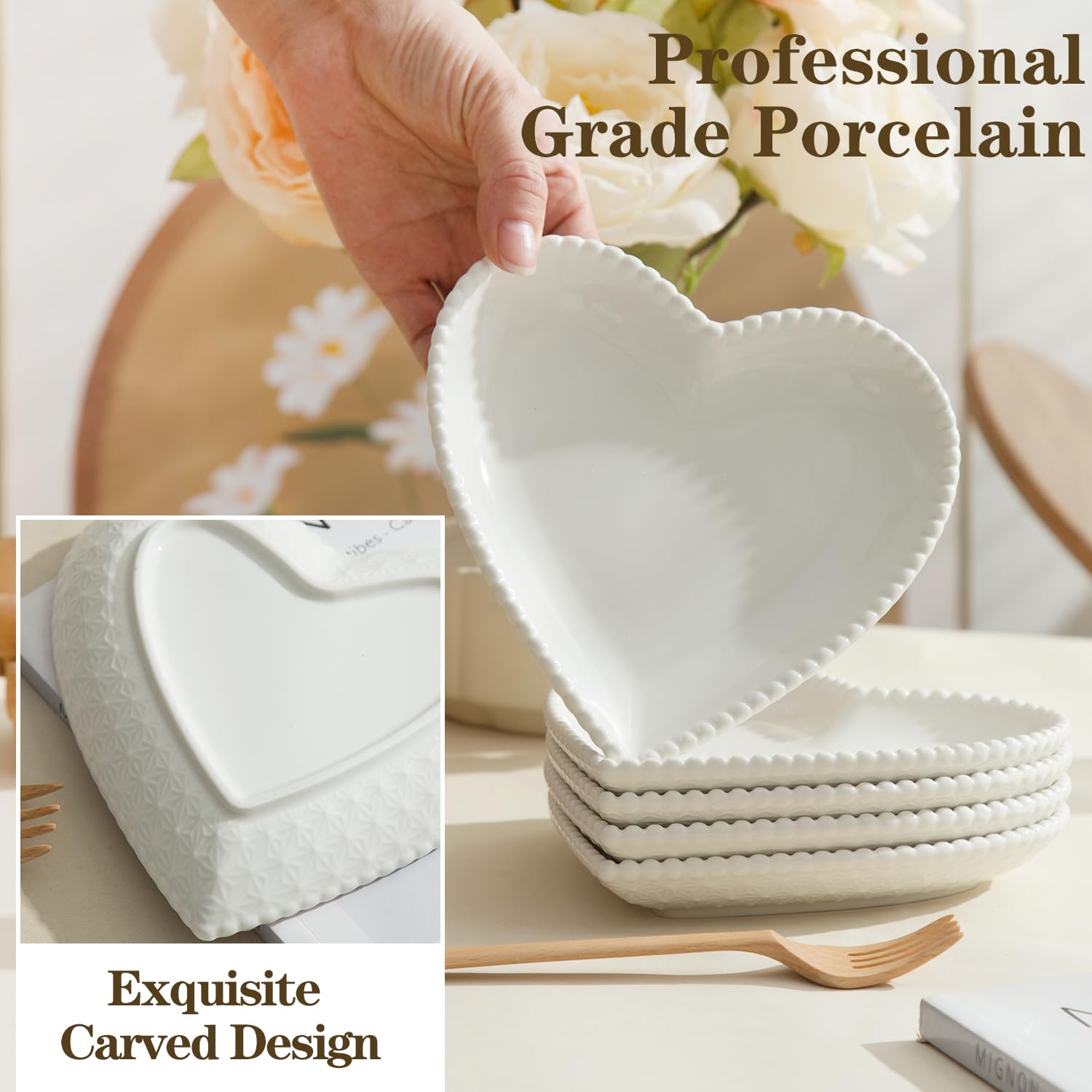 7.5 Inch White Porcelain Appetizer Plates Set of 8 - Heart Shaped Small Dinner Plates for Dessert, Salad, Cake, Snack & Ice Cream | Microwave, Oven & Dishwasher Safe | Perfect for Valentine's Day, Bridal Showers & Romantic Dinners