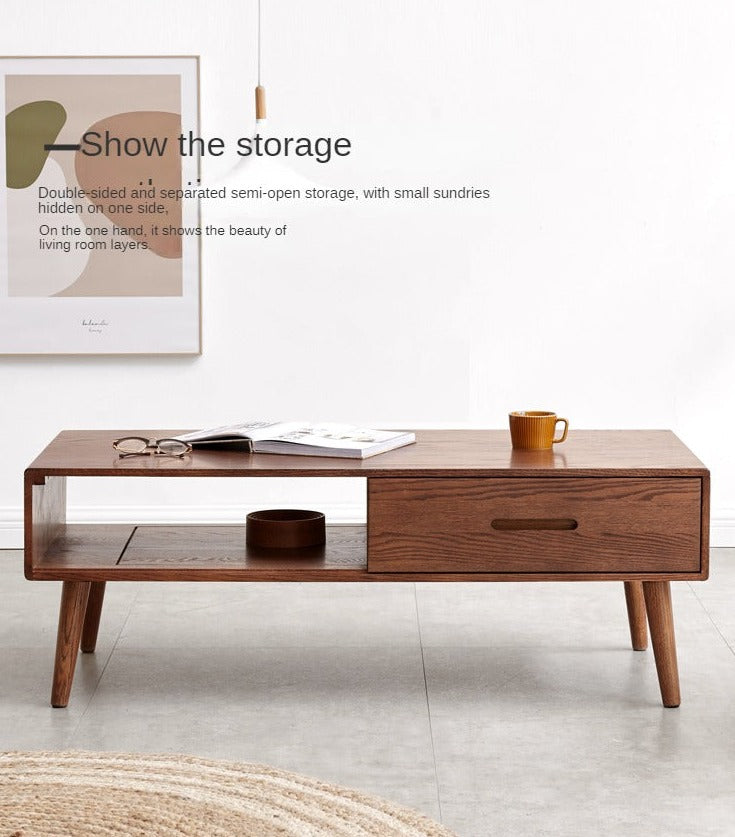 Solid Oak Wood Two-Drawer Coffee Table - Walnut Finish | Rustic Living Room Furniture for Home Decor & Storage