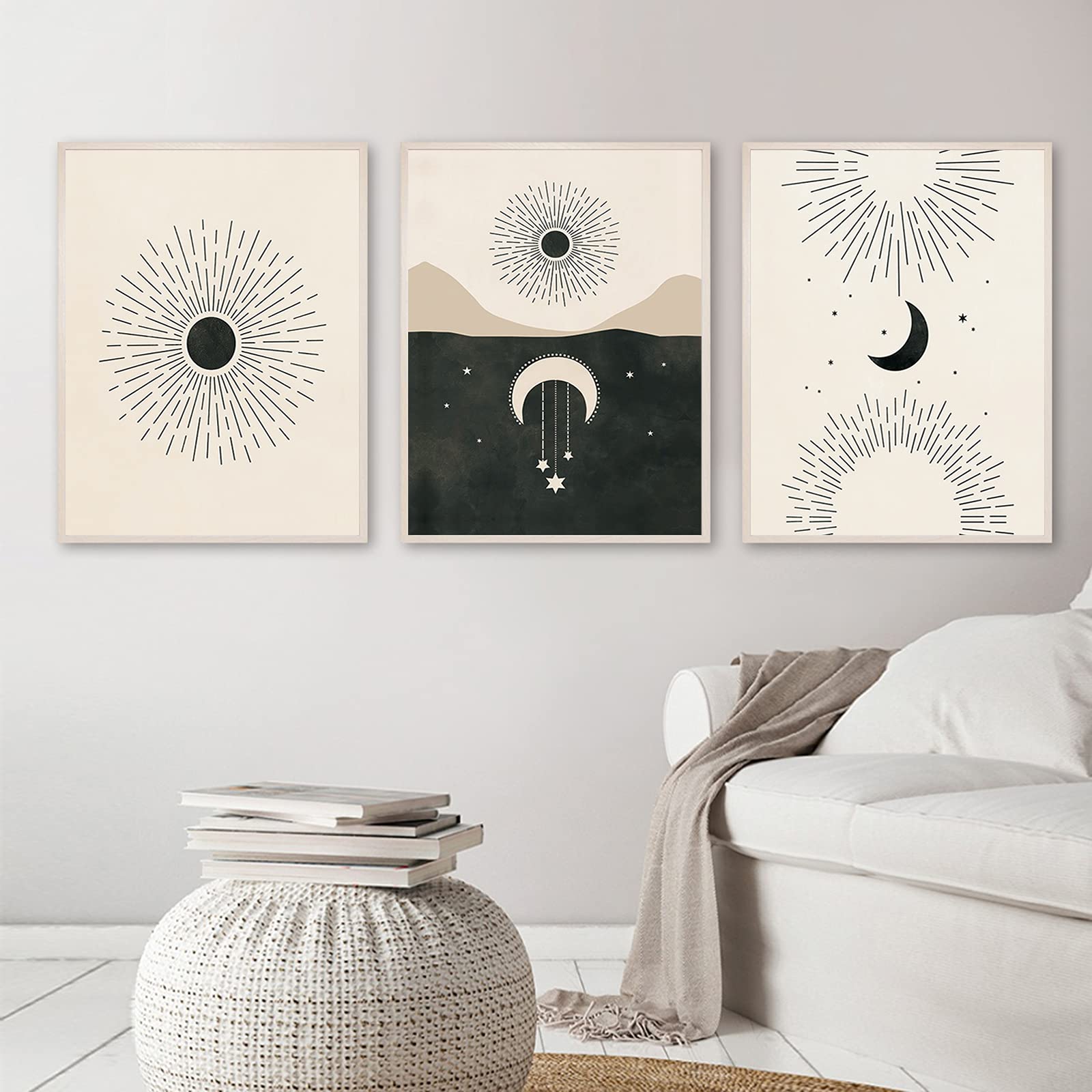 Abstract Line Wall Art Print Set of 3 - Boho Sun Moon Stars Minimalist Poster 12x16 Inch Unframed - Modern Living Room Decor, Bedroom Wall Art, Office Aesthetic